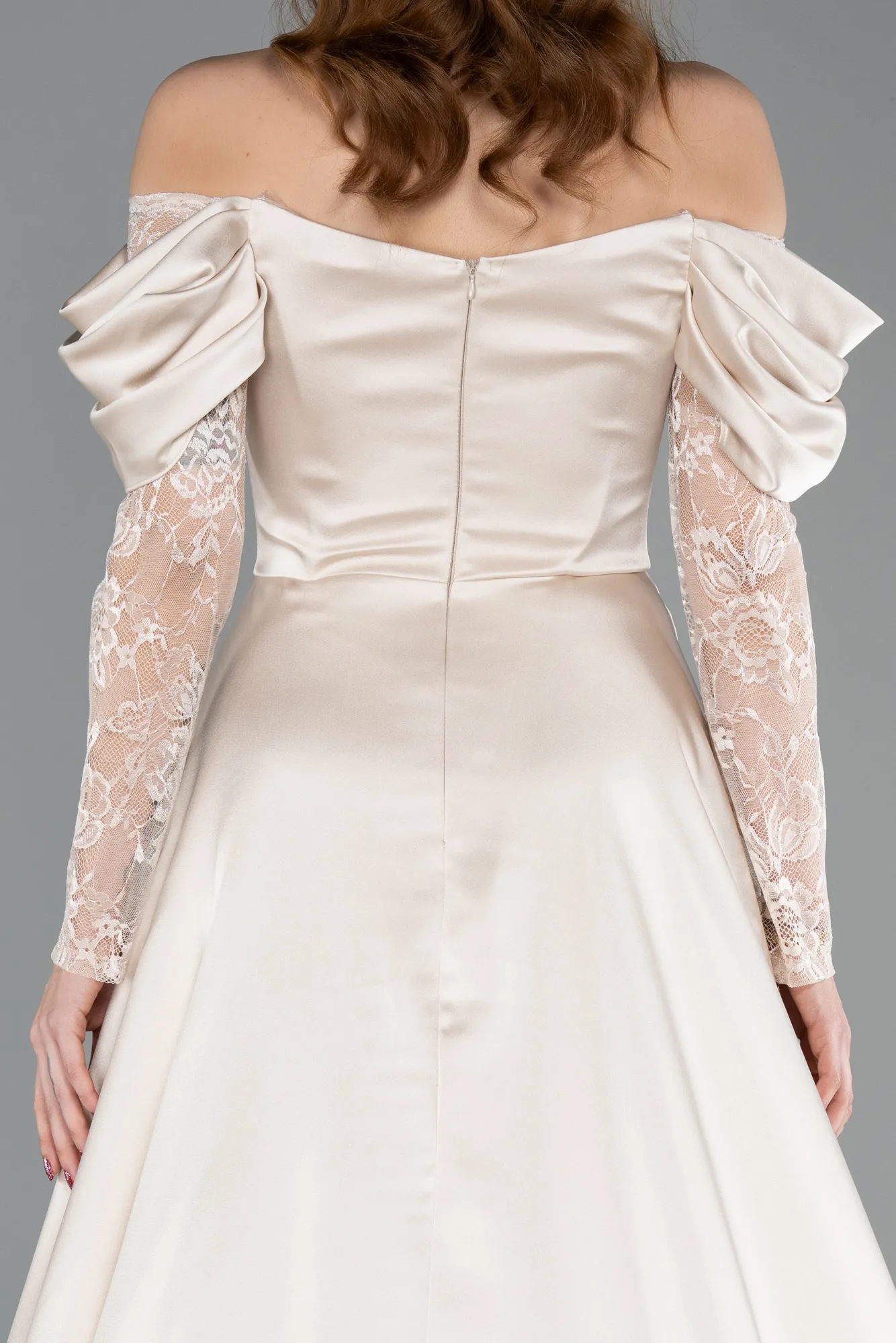 Beige-Long Satin Evening Dress ABU5054