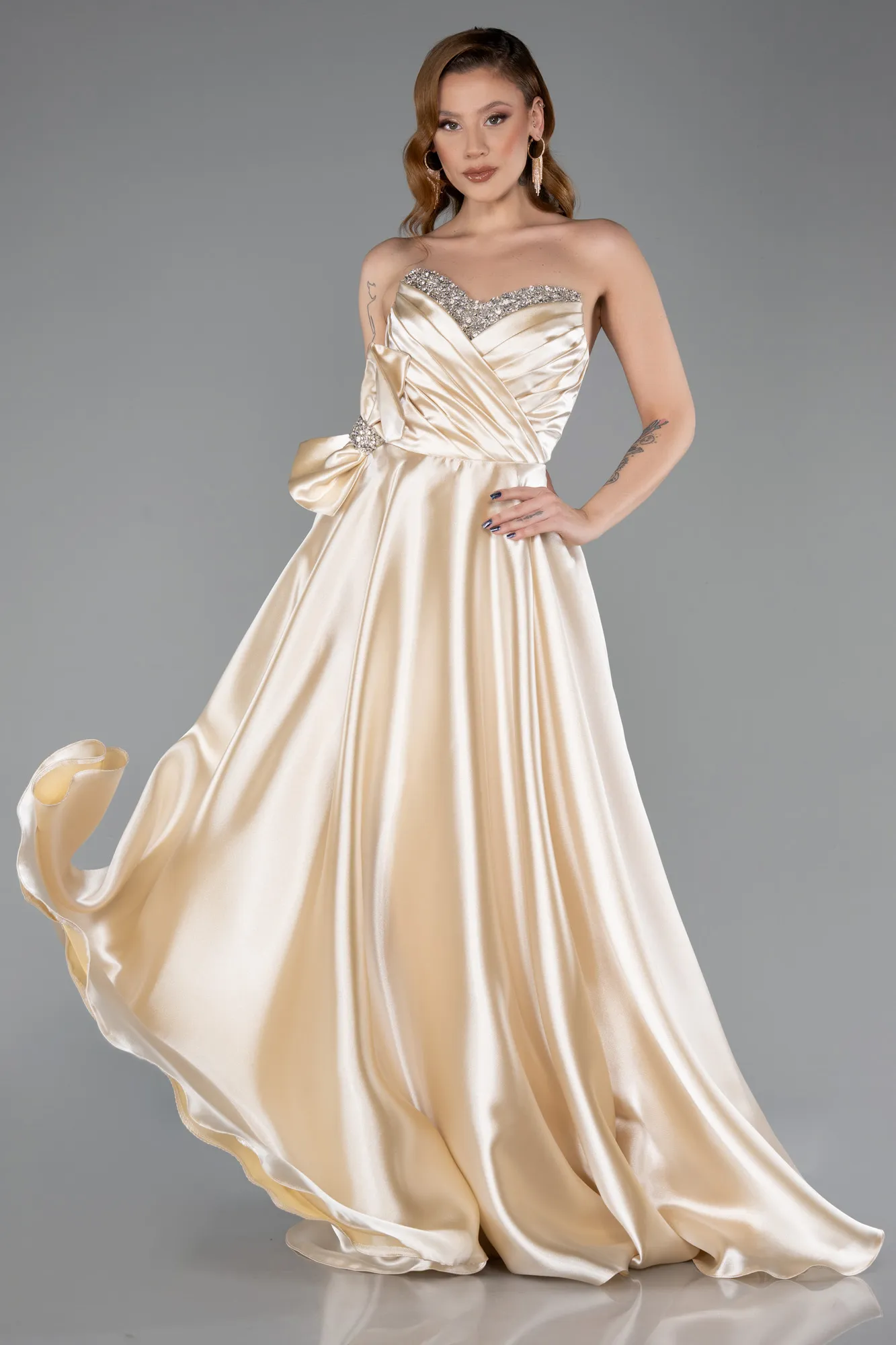 Beige-Long Satin Evening Dress ABU5541