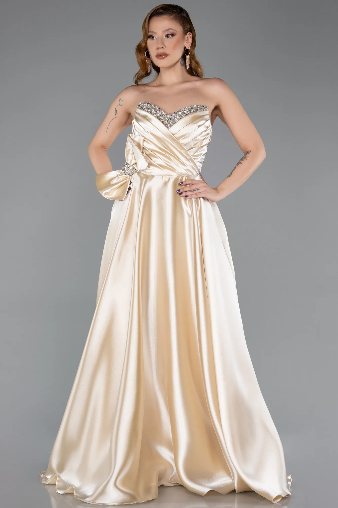 Beige-Long Satin Evening Dress ABU5541
