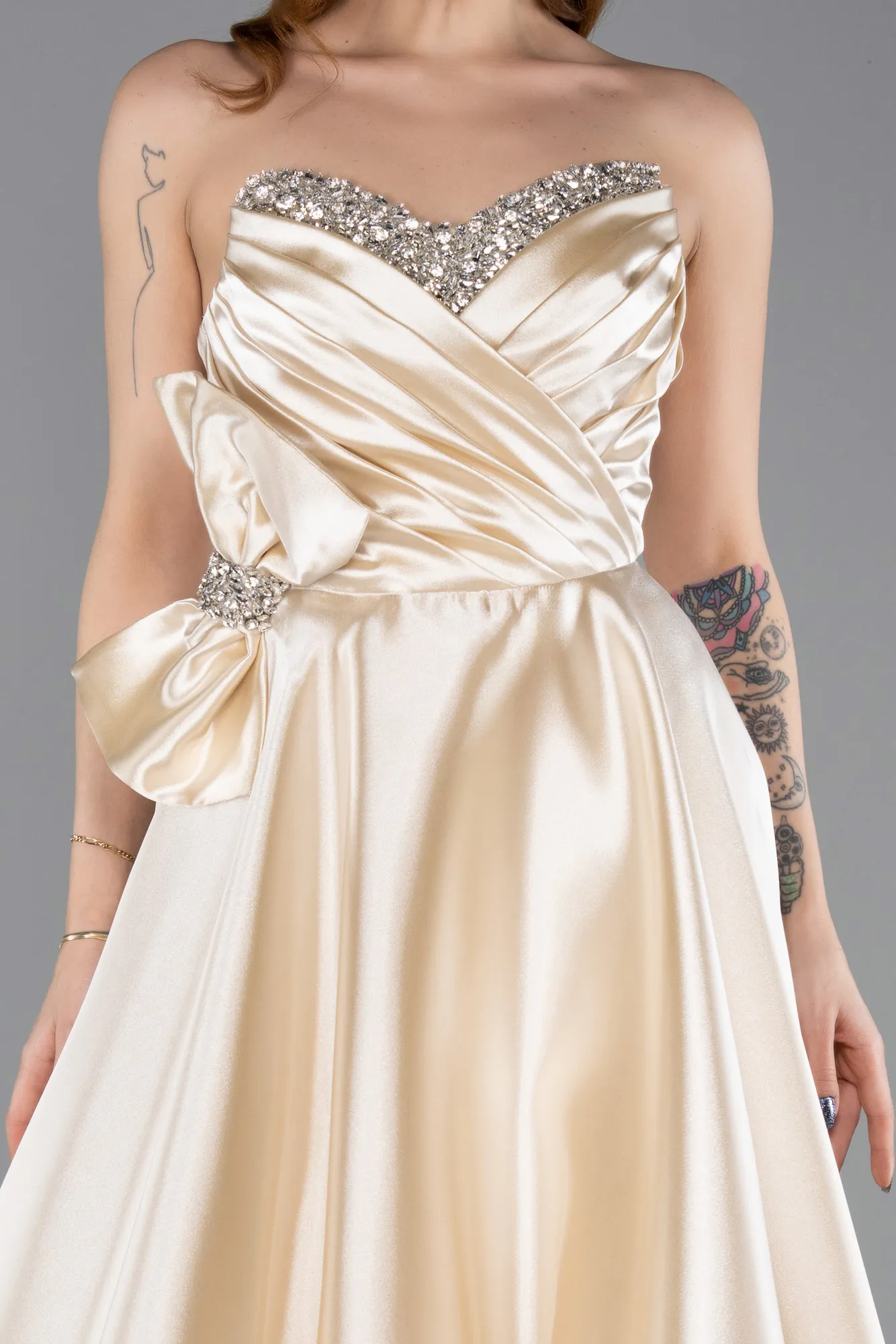 Beige-Long Satin Evening Dress ABU5541