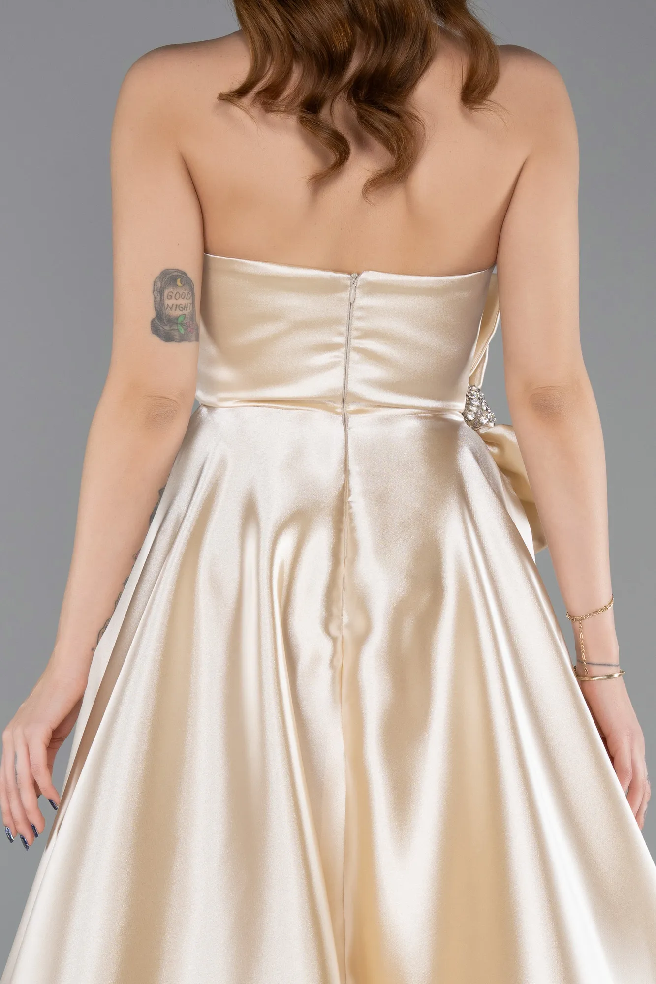 Beige-Long Satin Evening Dress ABU5541