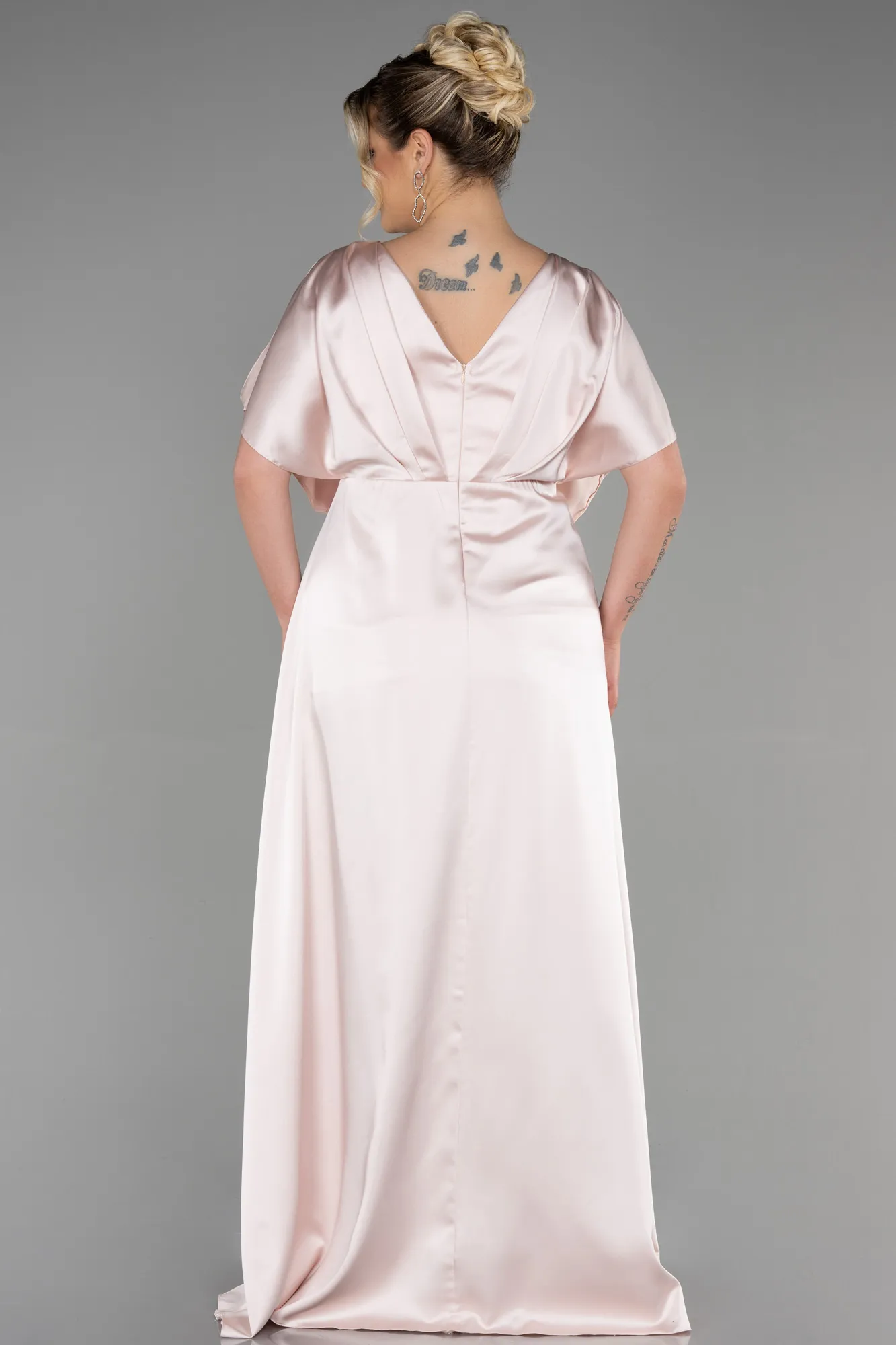 Beige-Long Satin Plus Size Engagement Dress ABU3442