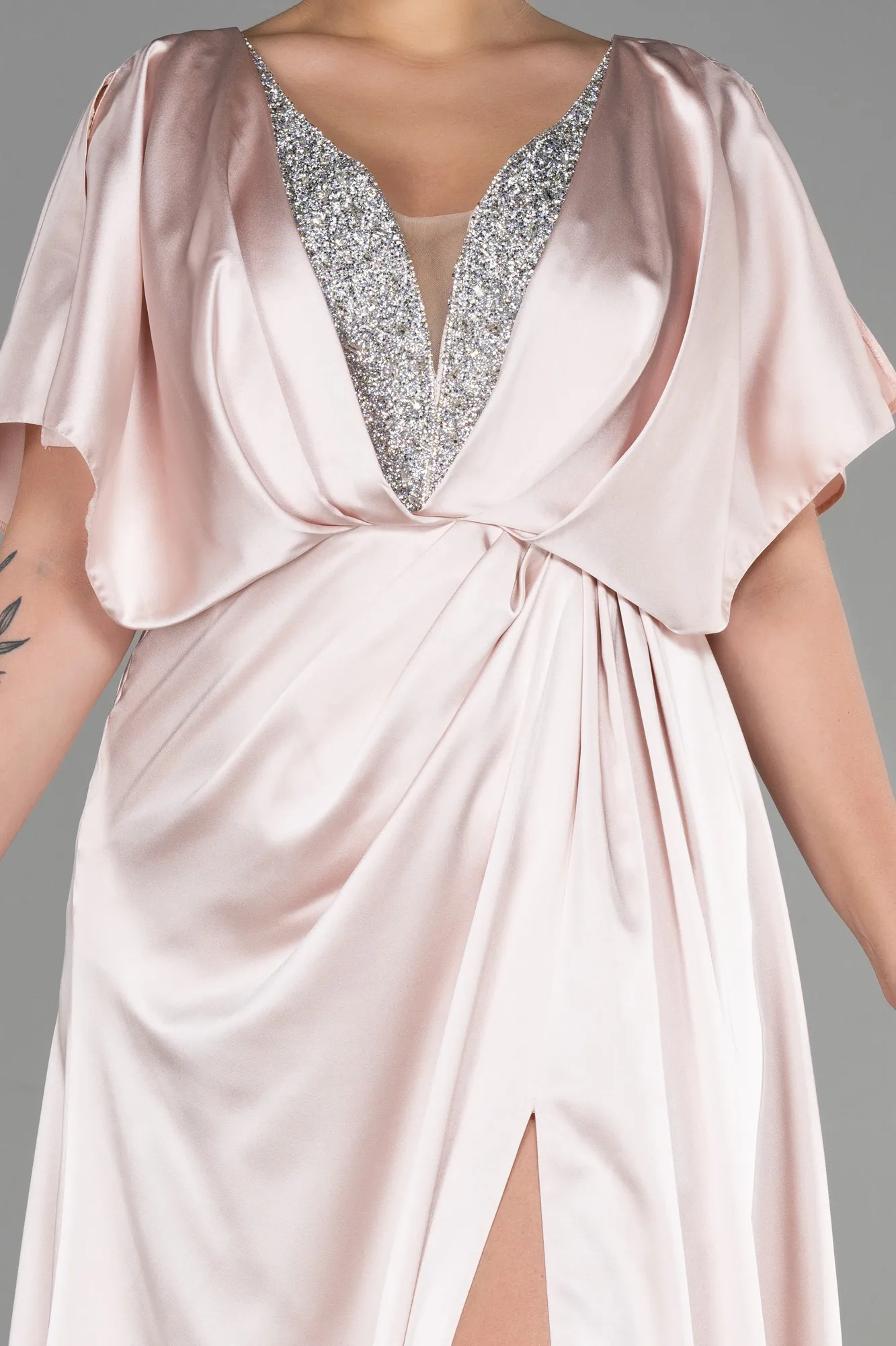 Beige-Long Satin Plus Size Engagement Dress ABU3442