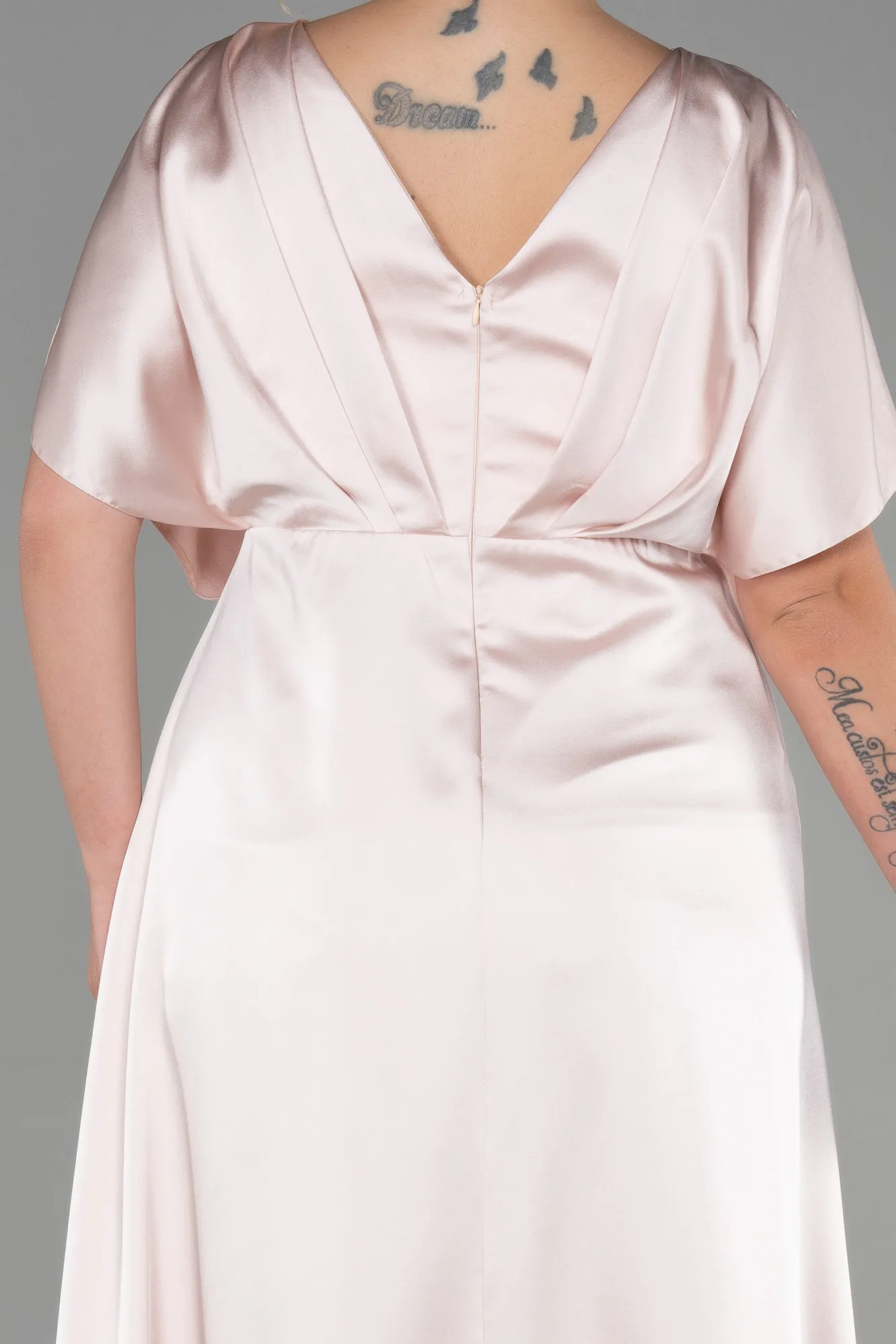 Beige-Long Satin Plus Size Engagement Dress ABU3442