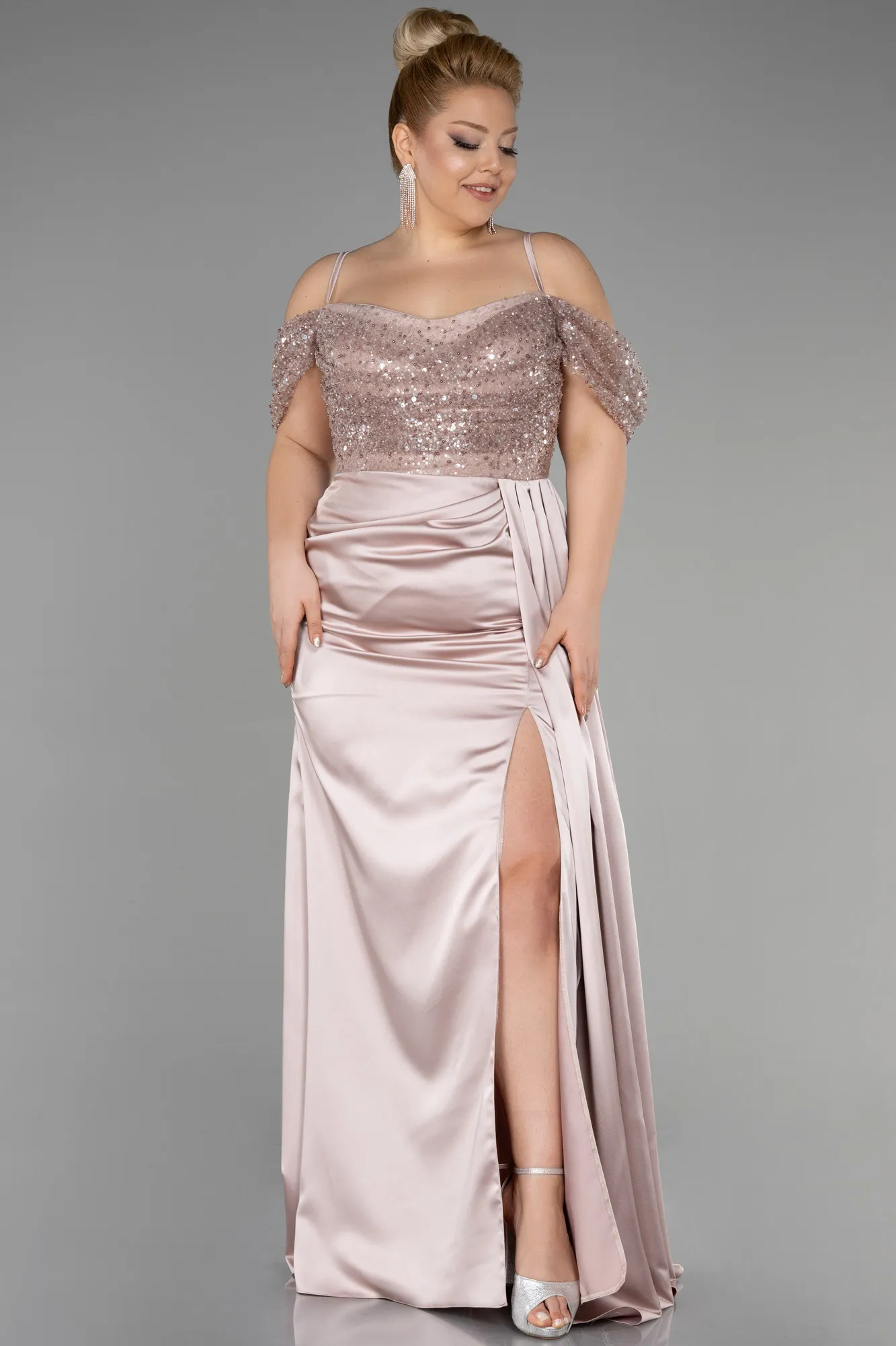Beige-Long Satin Plus Size Evening Dress ABU3522