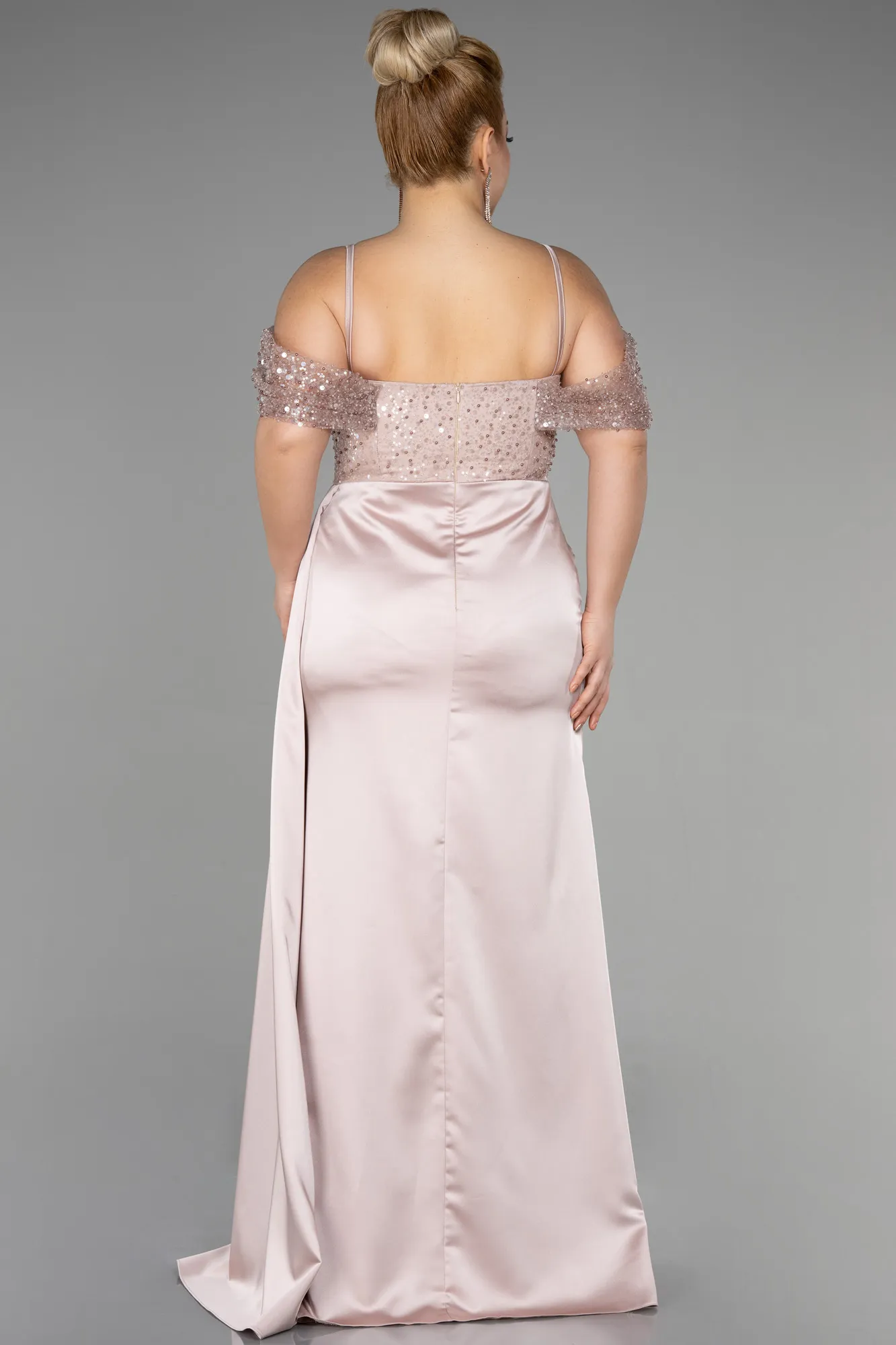 Beige-Long Satin Plus Size Evening Dress ABU3522