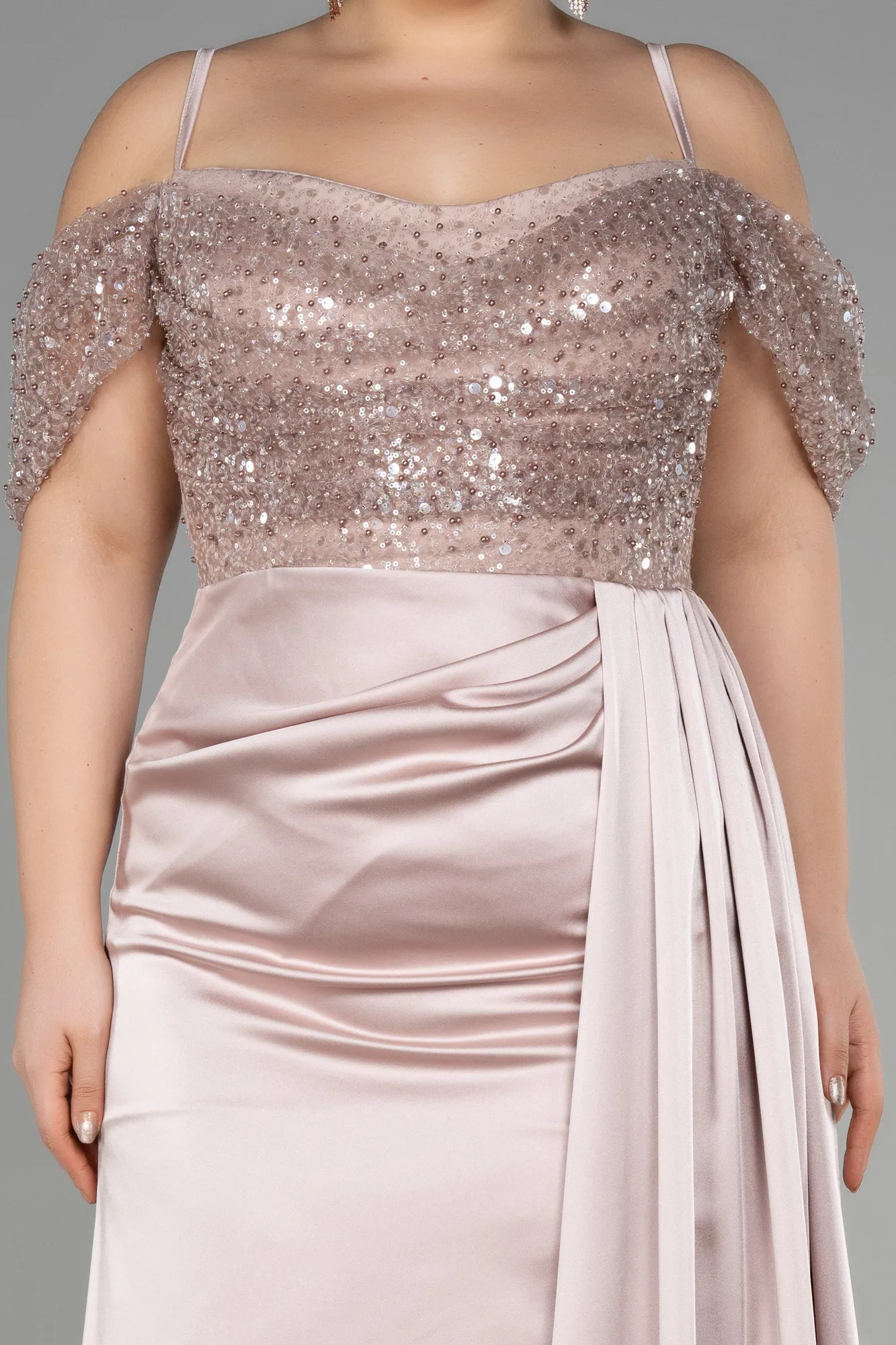 Beige-Long Satin Plus Size Evening Dress ABU3522