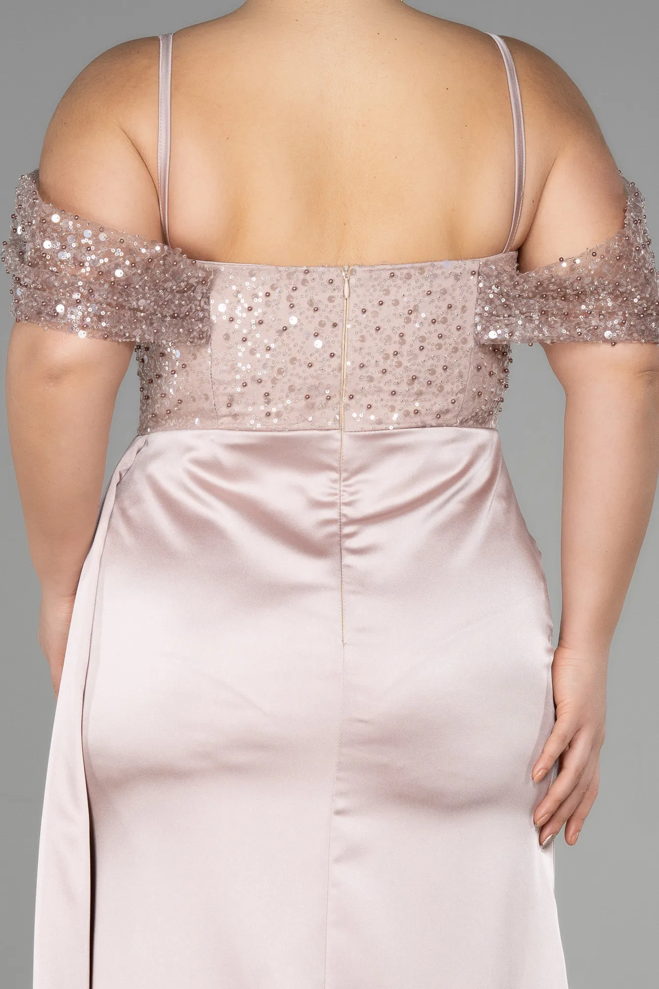 Beige-Long Satin Plus Size Evening Dress ABU3522