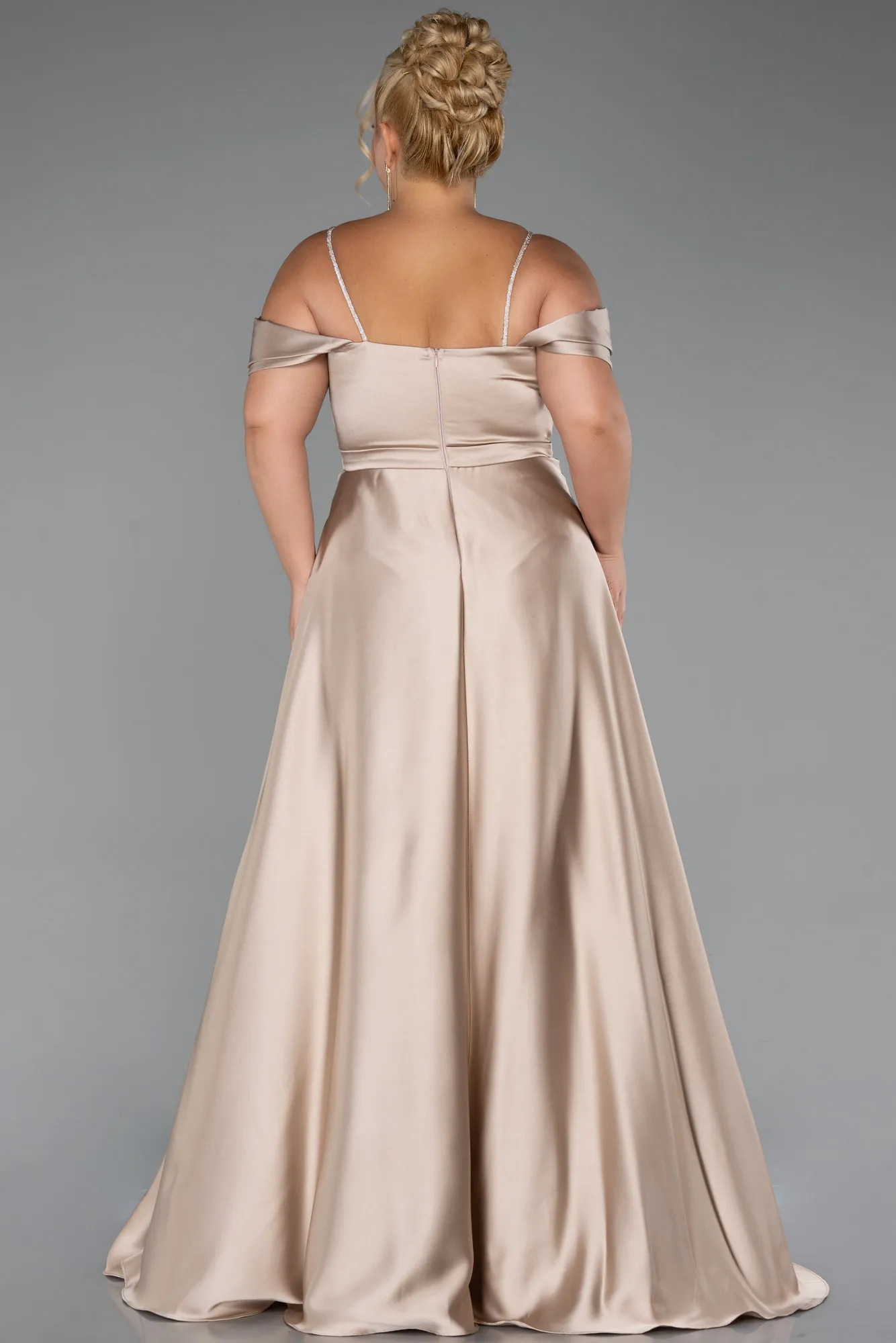 Beige-Long Satin Plus Size Evening Dress ABU5251
