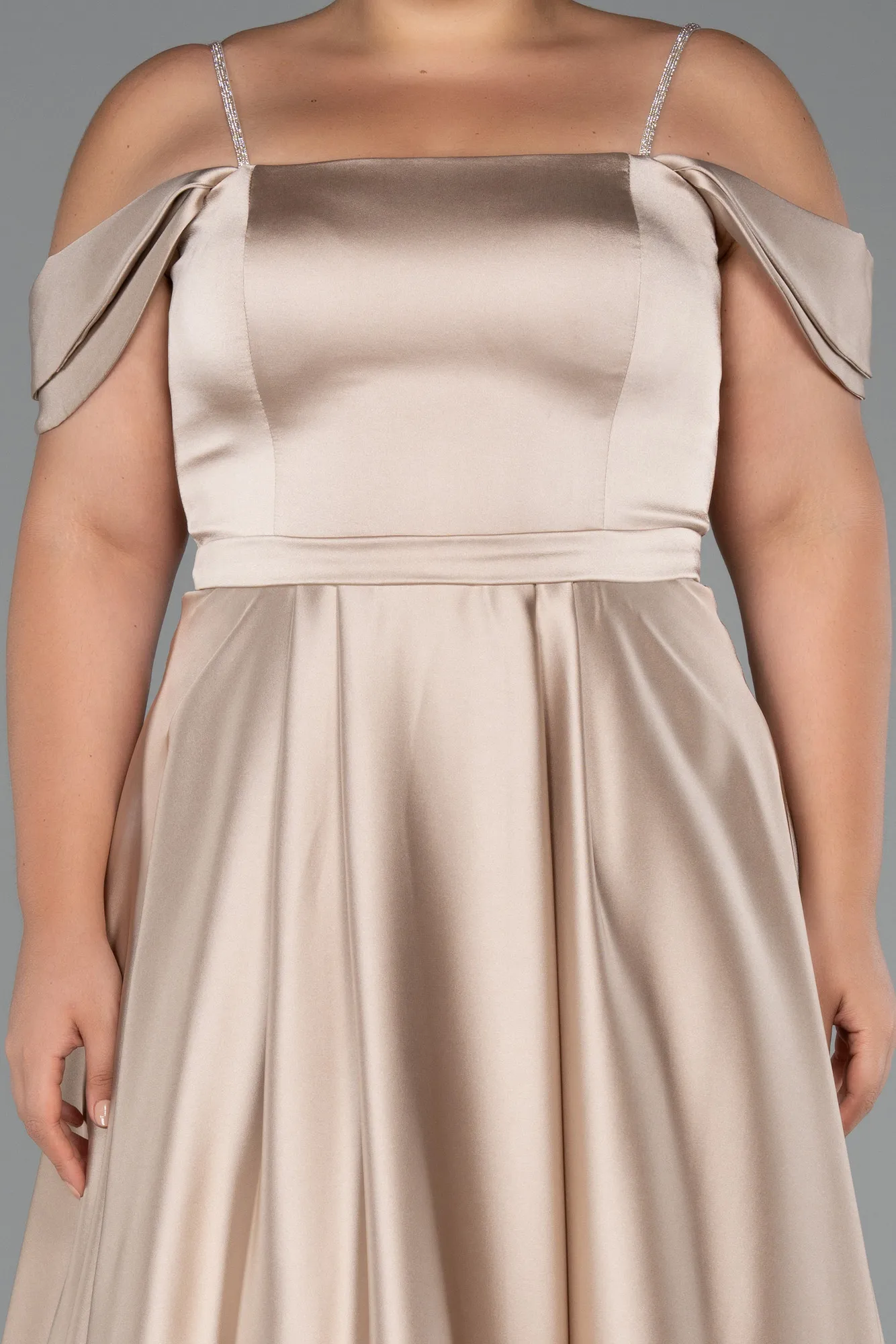 Beige-Long Satin Plus Size Evening Dress ABU5251