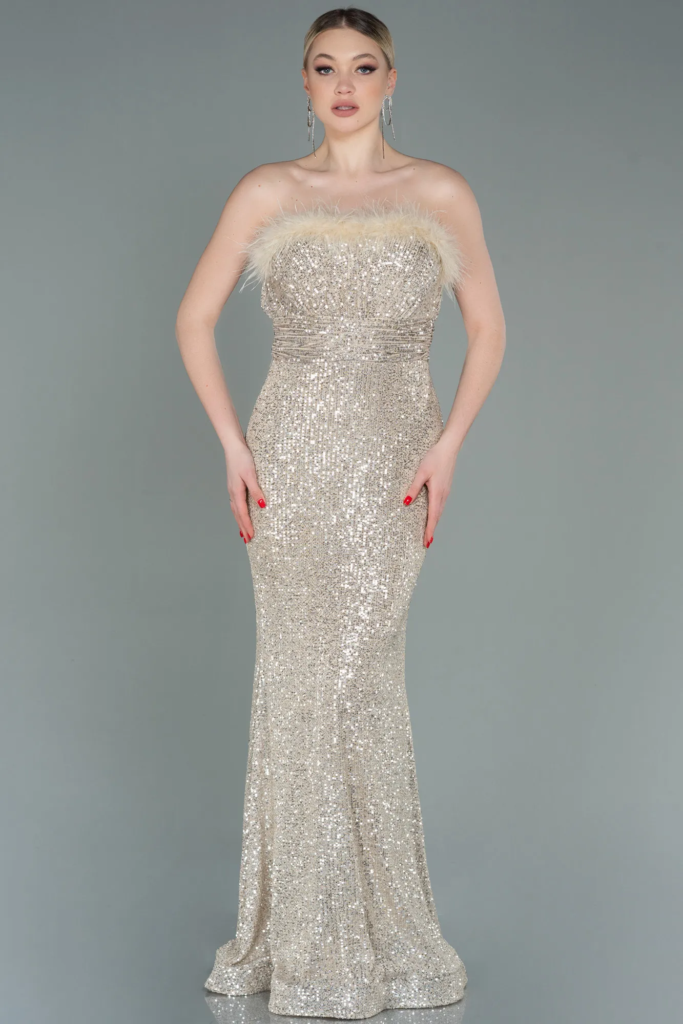 Beige-Long Scaly Evening Dress ABU3067