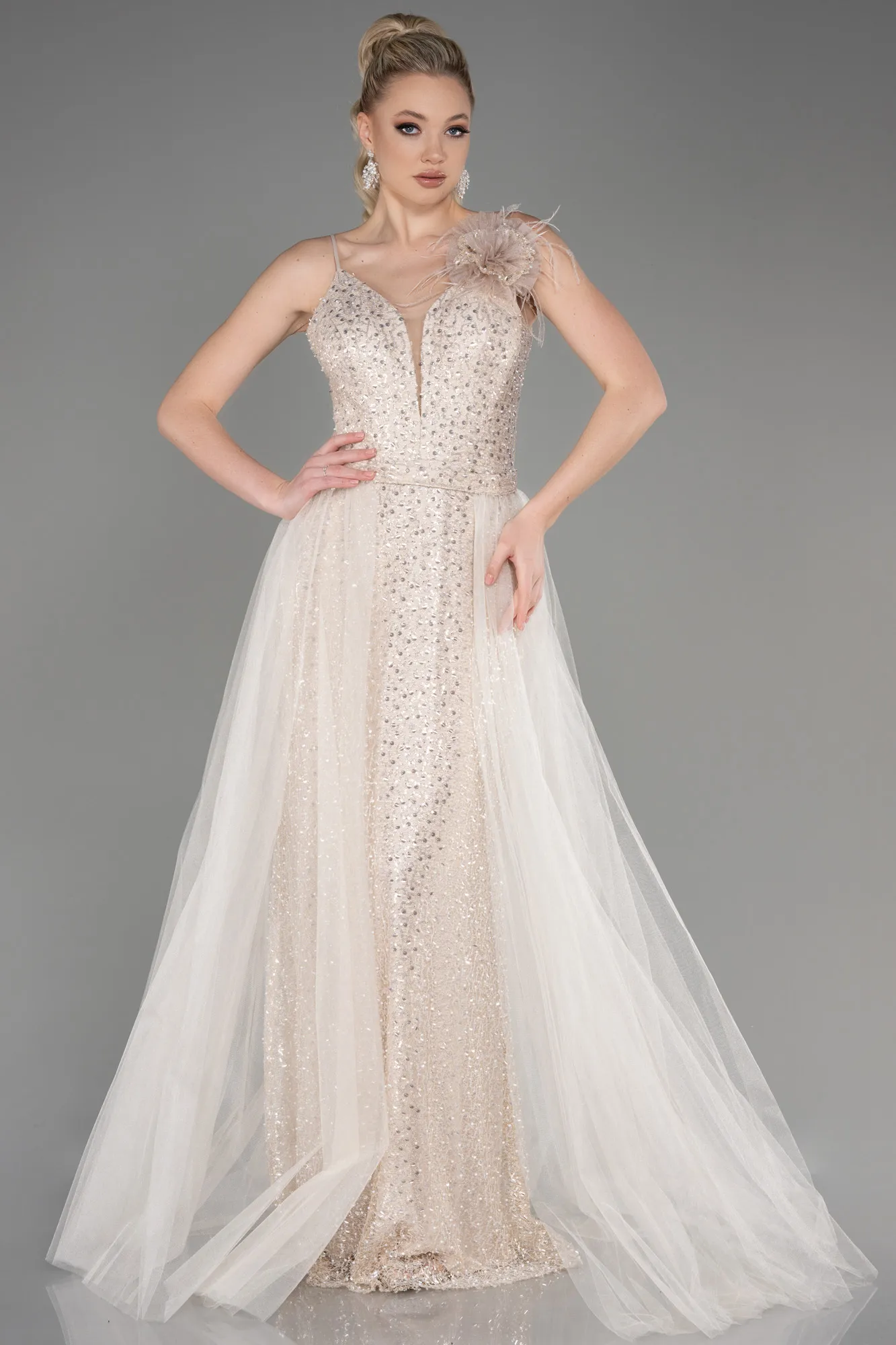 Beige-Long Scaly Evening Dress ABU3750