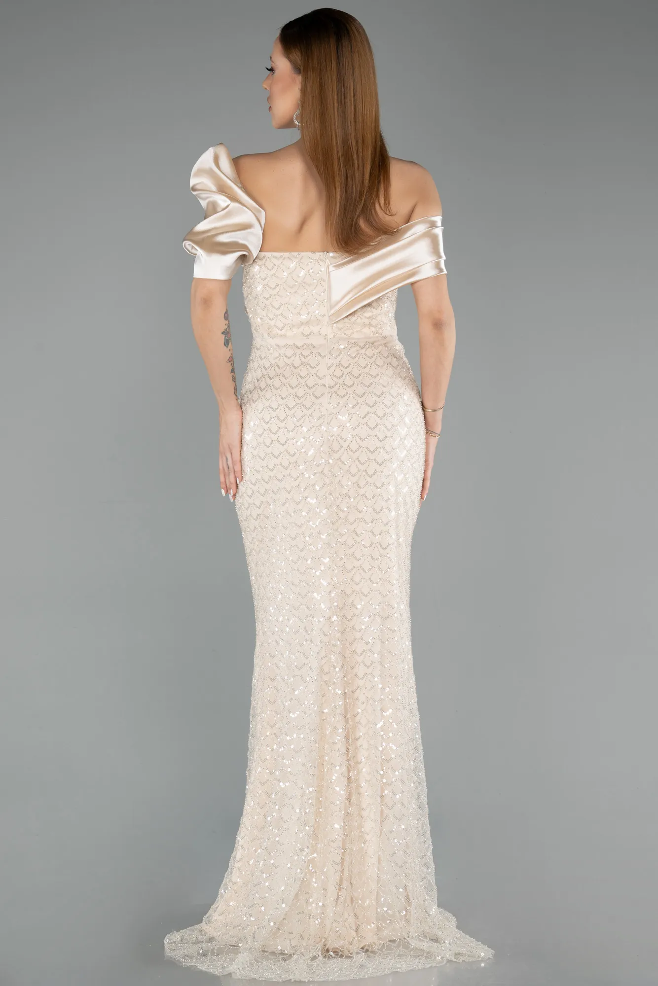 Beige-Long Scaly Evening Dress ABU5529