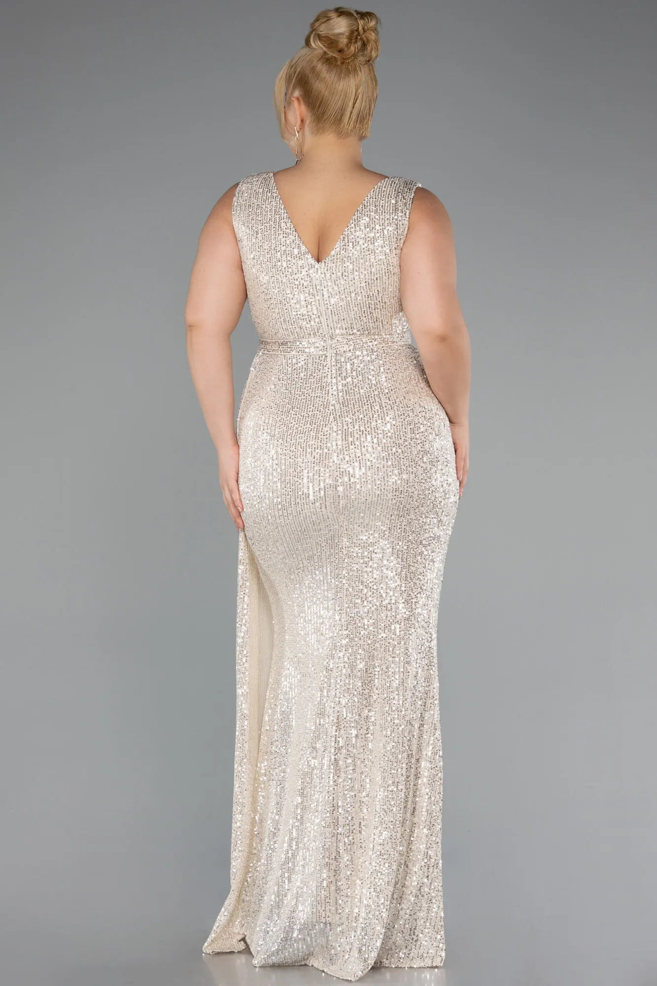 Beige-Long Scaly Plus Size Evening Dress ABU3194