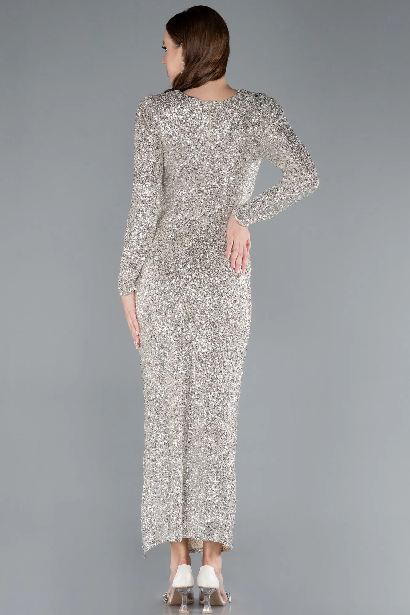 Beige-Long Sleeve Neck Sequin Midi Cocktail Dress ABK2284