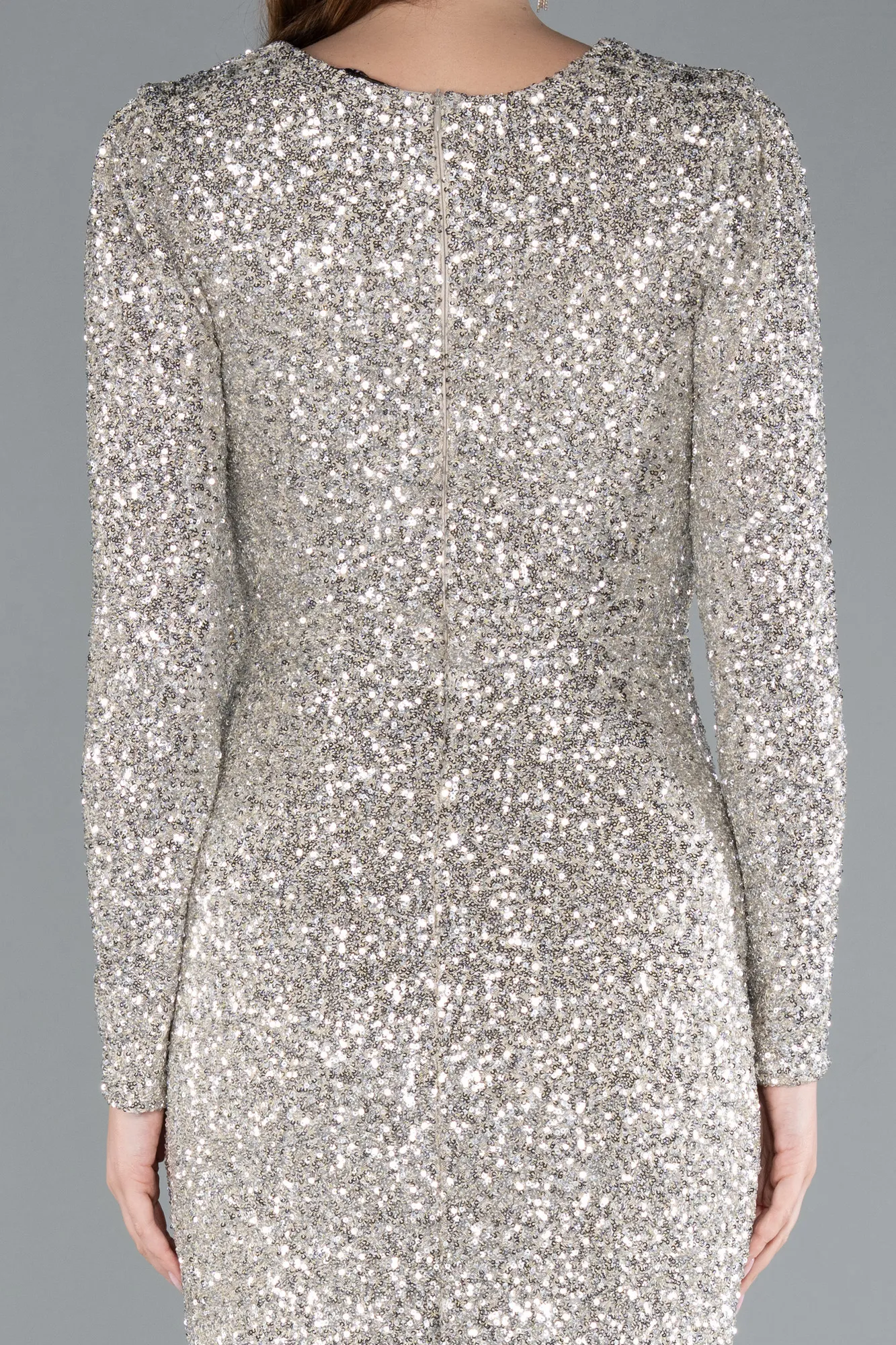 Beige-Long Sleeve Neck Sequin Midi Cocktail Dress ABK2284