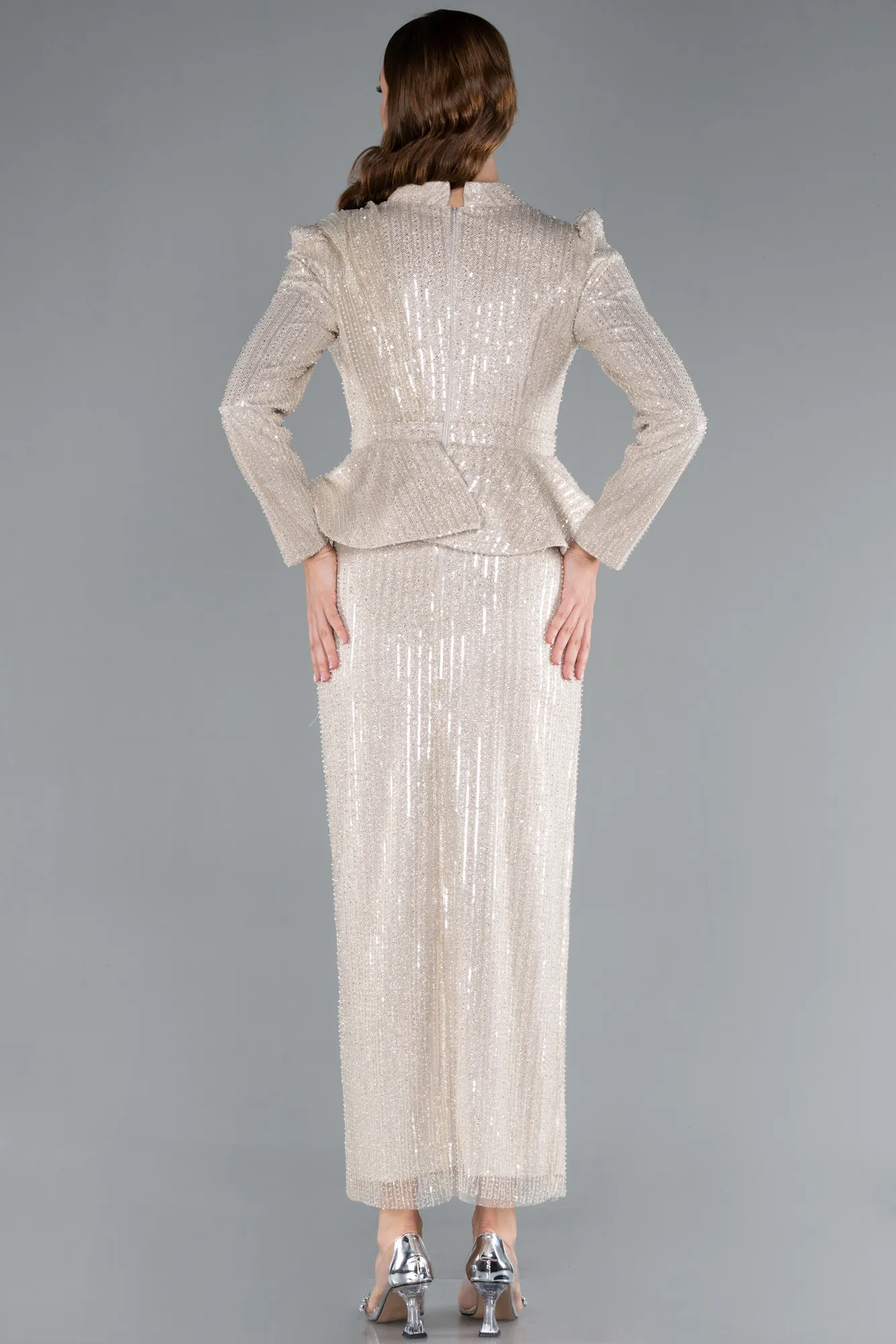 Beige-Long Sleeve Stand Collar Midi Beaded Evening Gown ABK2346