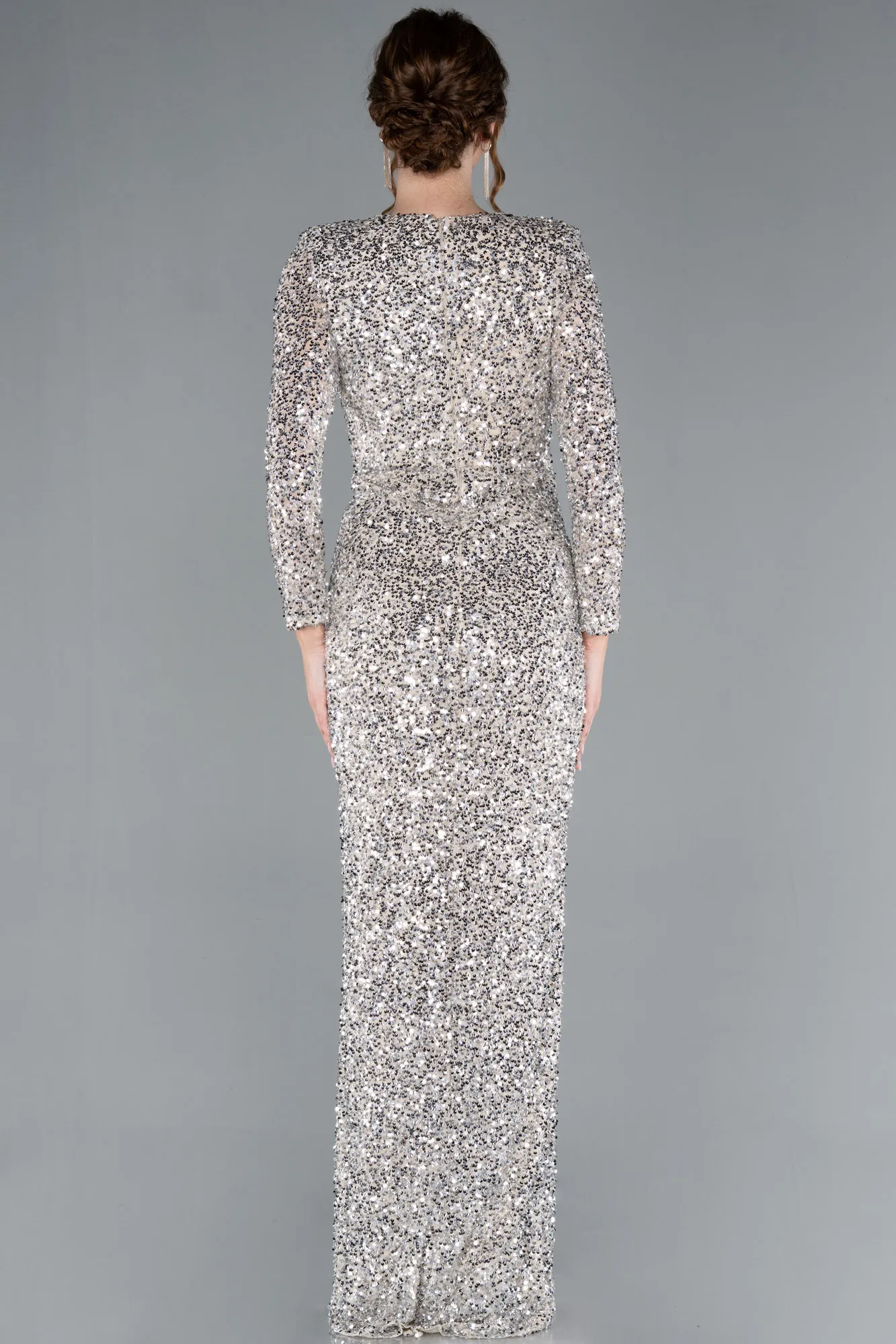 Beige-Long Sleeve V Neck Scaly Evening Gown ABU4763