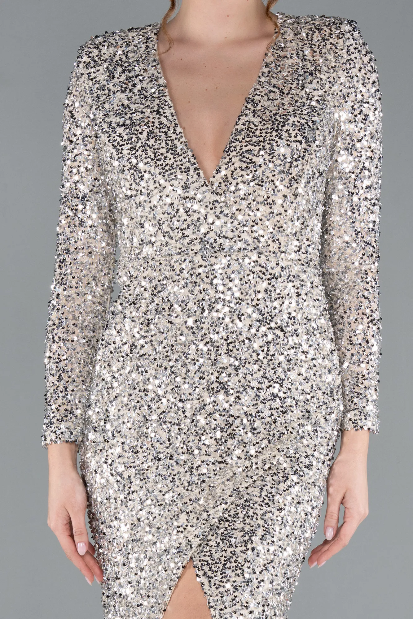 Beige-Long Sleeve V Neck Scaly Evening Gown ABU4763