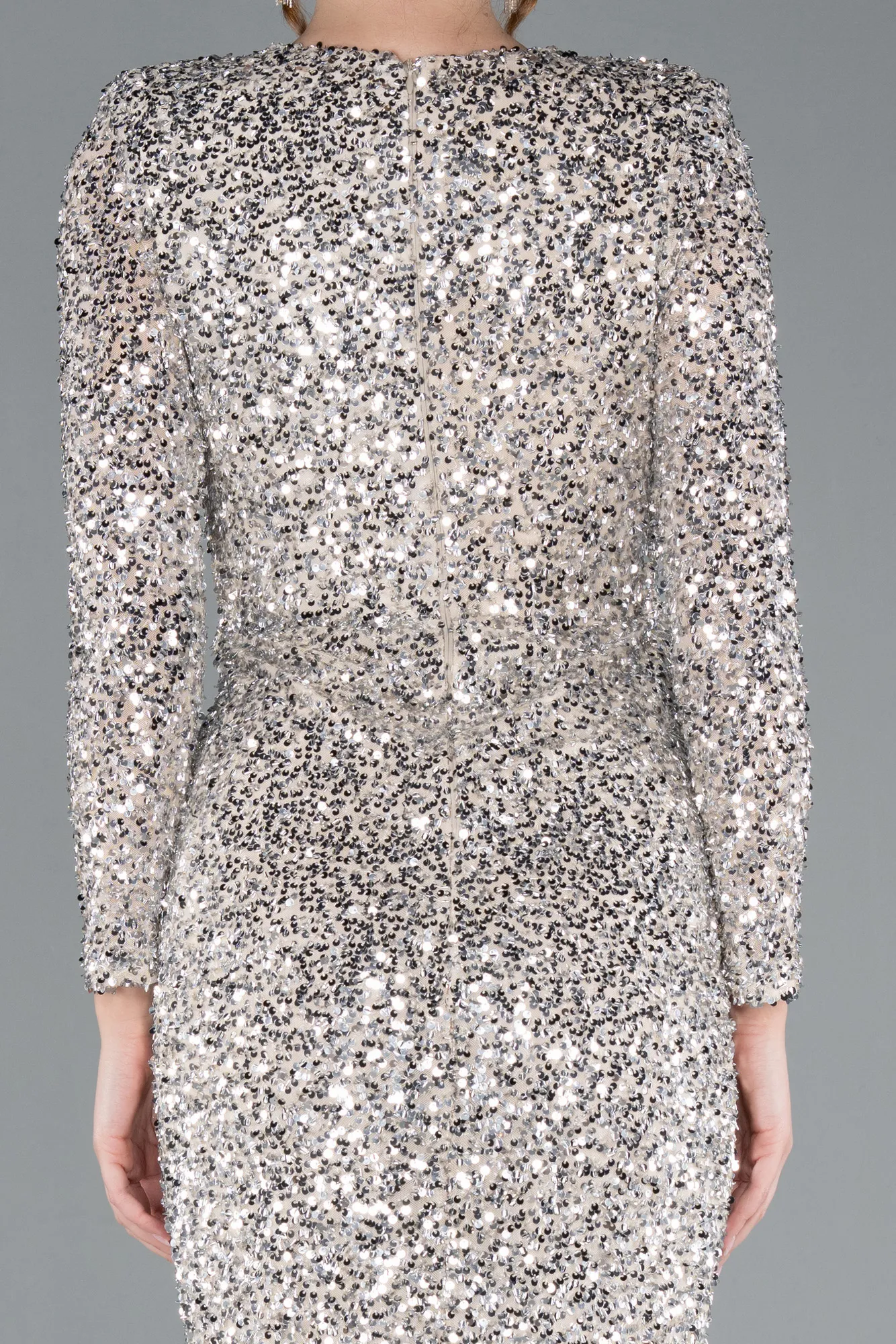 Beige-Long Sleeve V Neck Scaly Evening Gown ABU4763