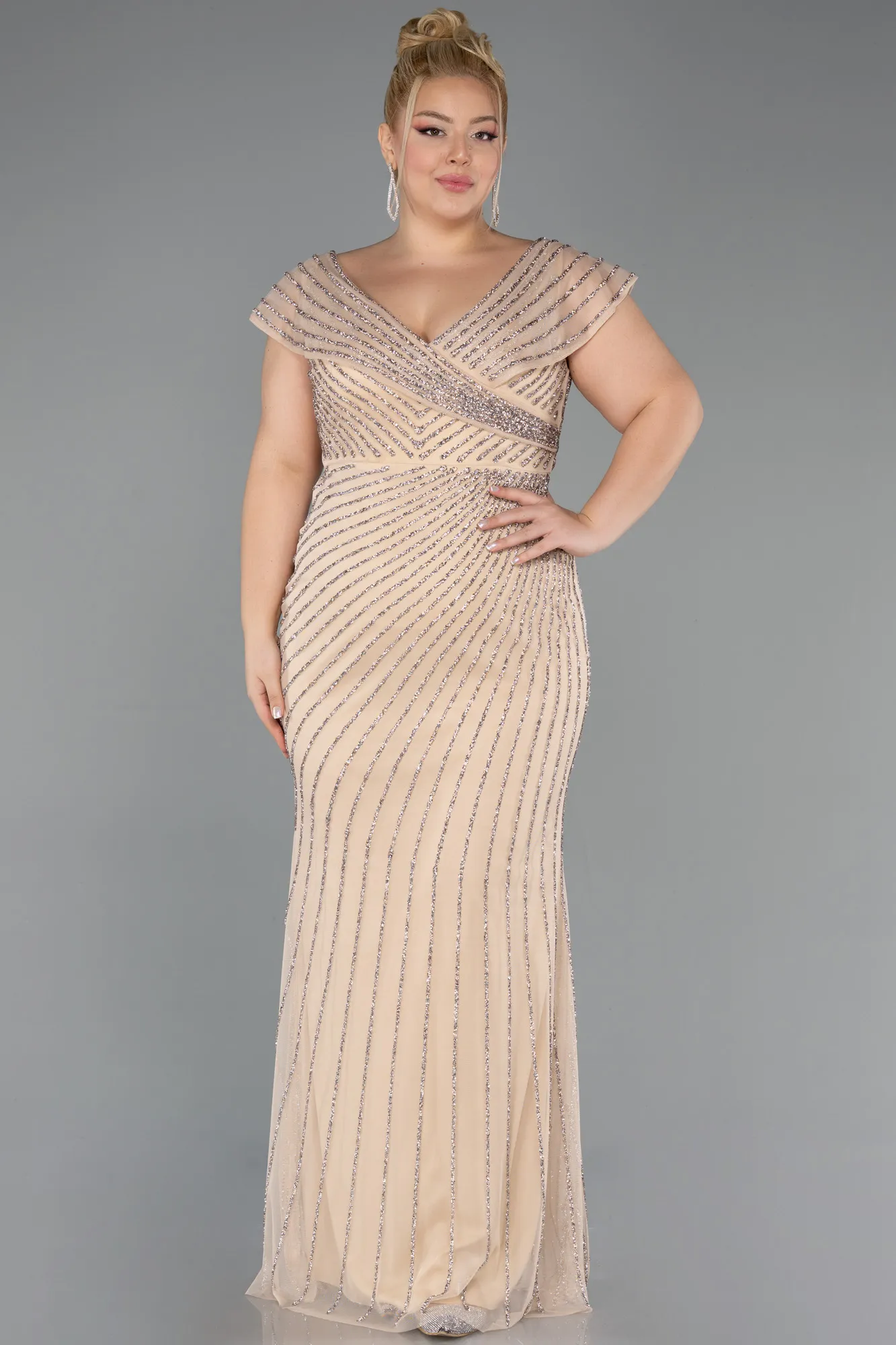 Beige-Long Stony Plus Size Evening Dress ABU5439