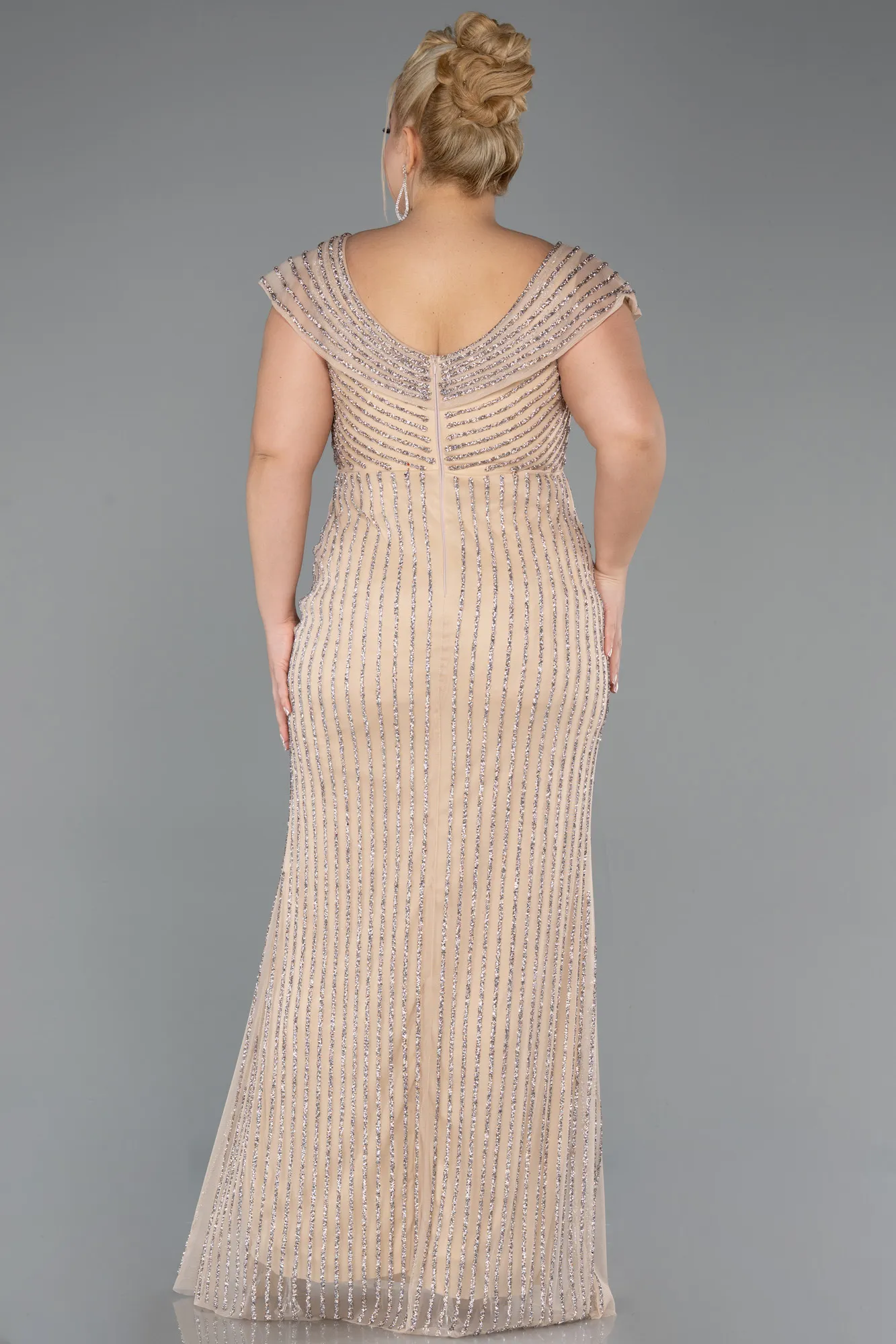 Beige-Long Stony Plus Size Evening Dress ABU5439