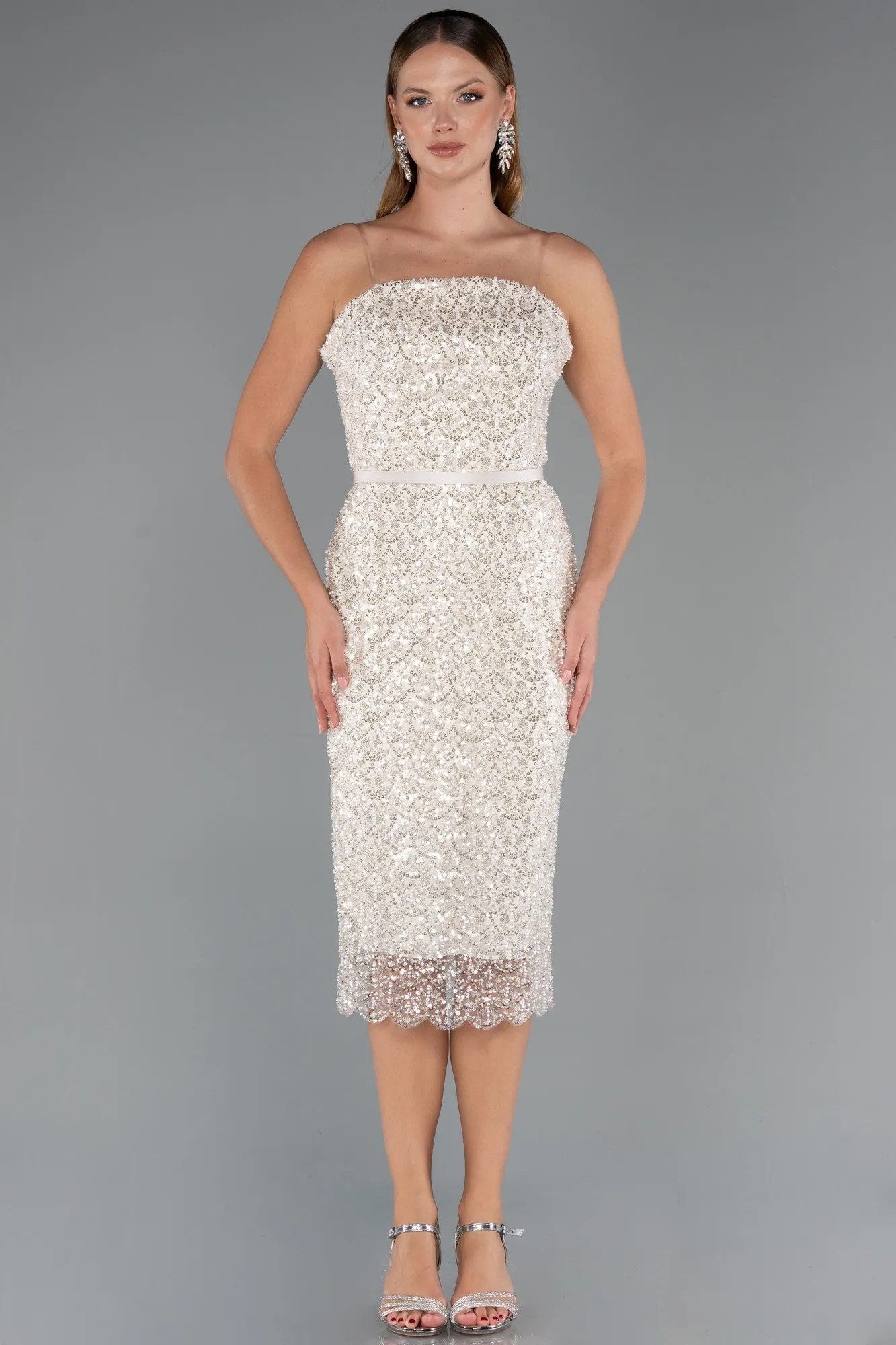 Beige-Midi Beaded Party Dress ABK2470