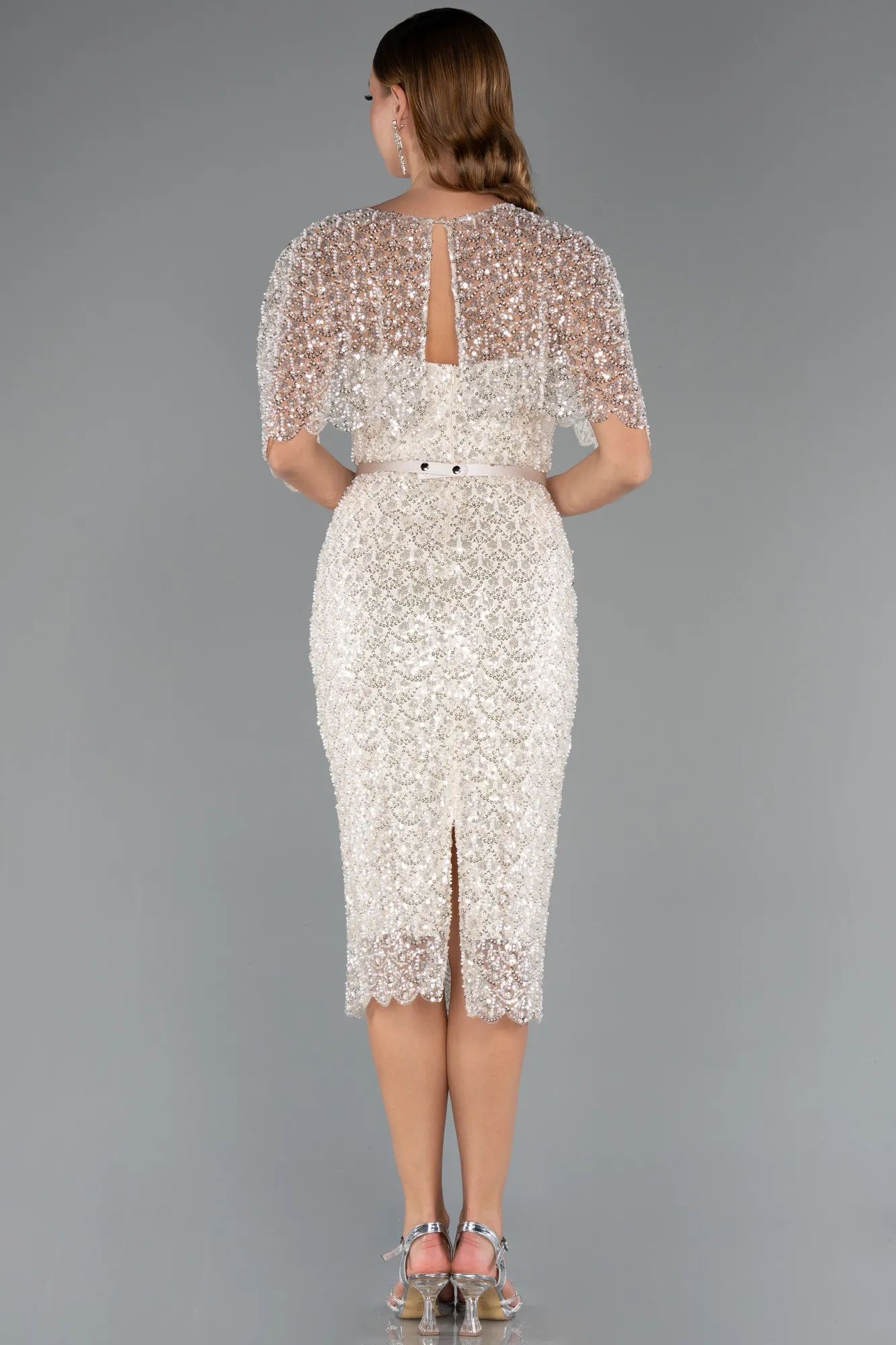 Beige-Midi Beaded Party Dress ABK2470