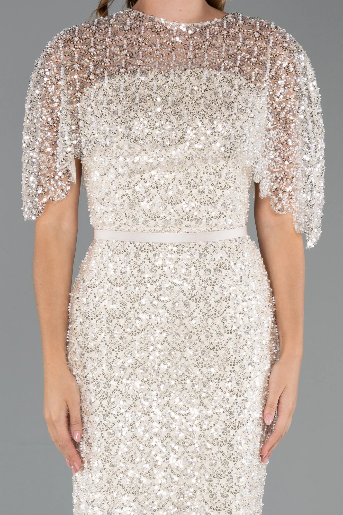 Beige-Midi Beaded Party Dress ABK2470
