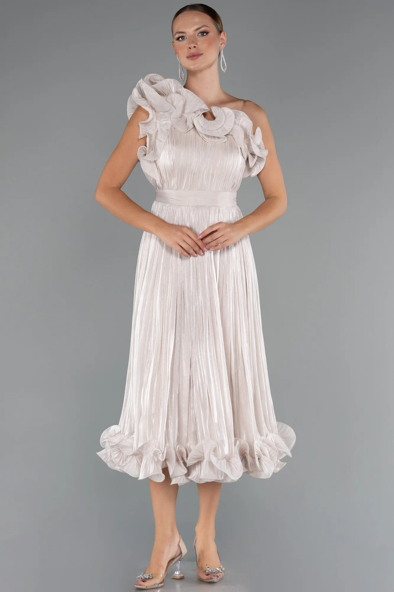 Beige-Midi Chiffon Cocktail Dress ABK2434