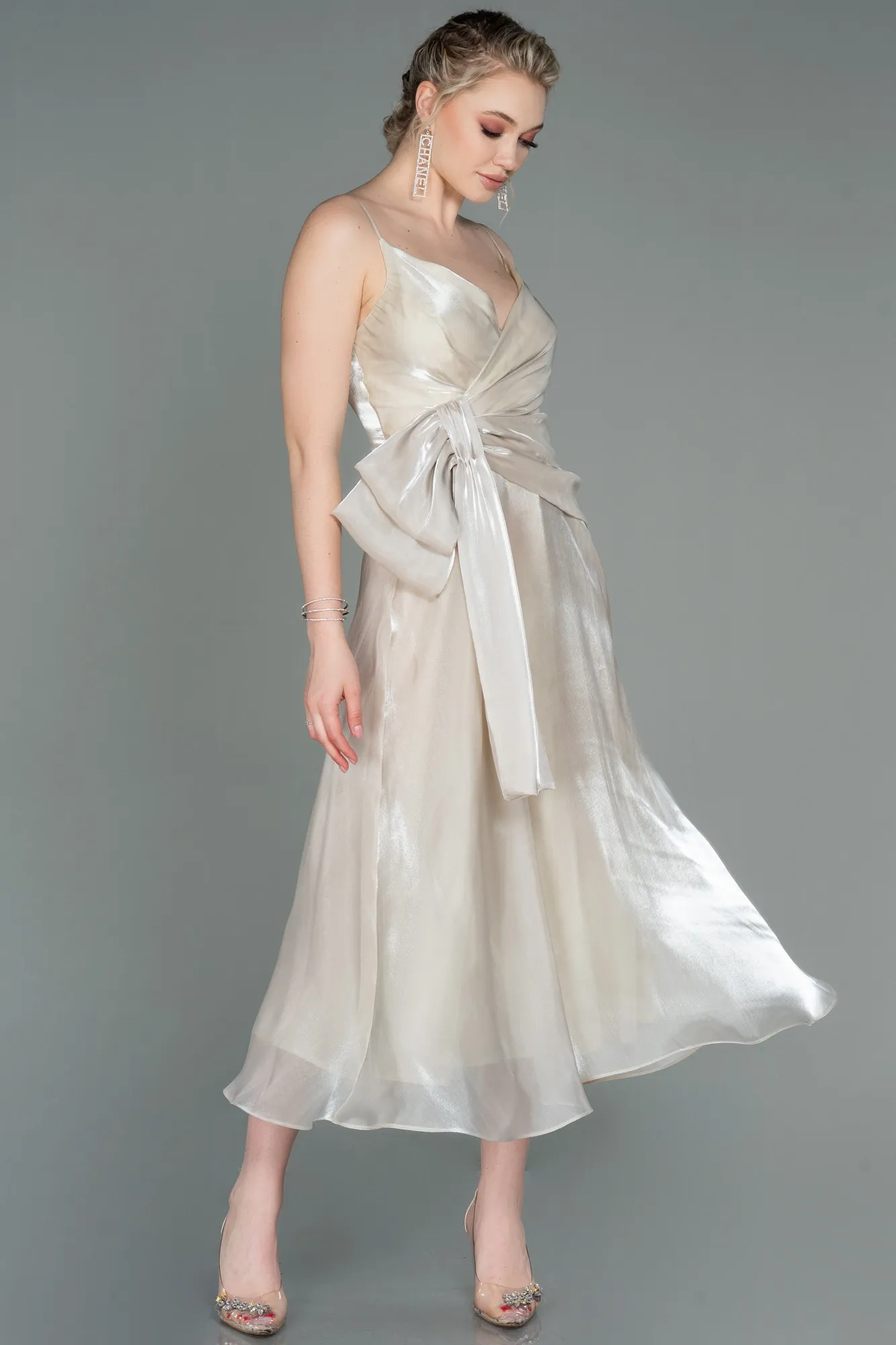 Beige-Midi Chiffon Invitation Dress ABK1669