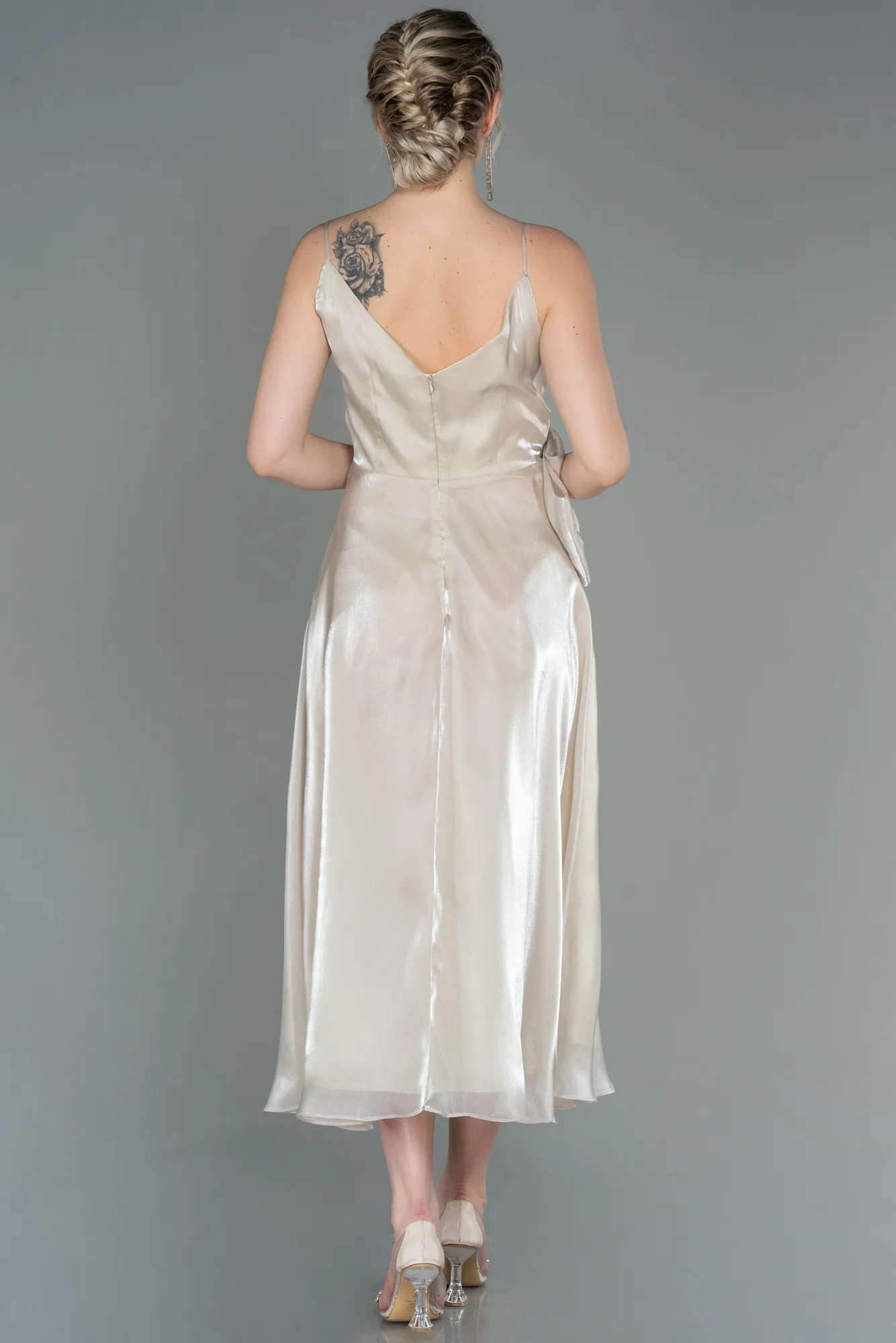 Beige-Midi Chiffon Invitation Dress ABK1669