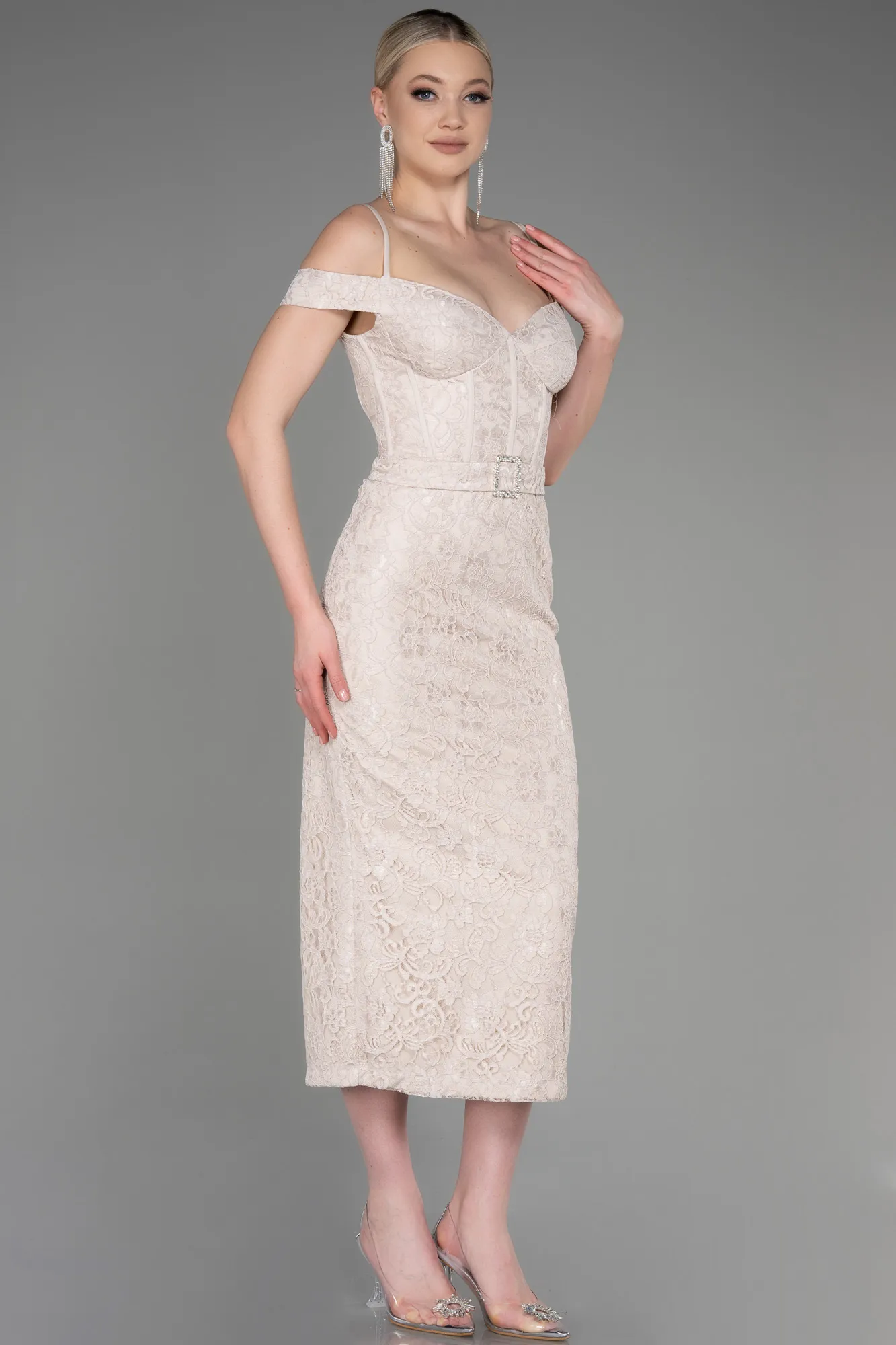 Beige-Midi Laced Party Dress ABK2013