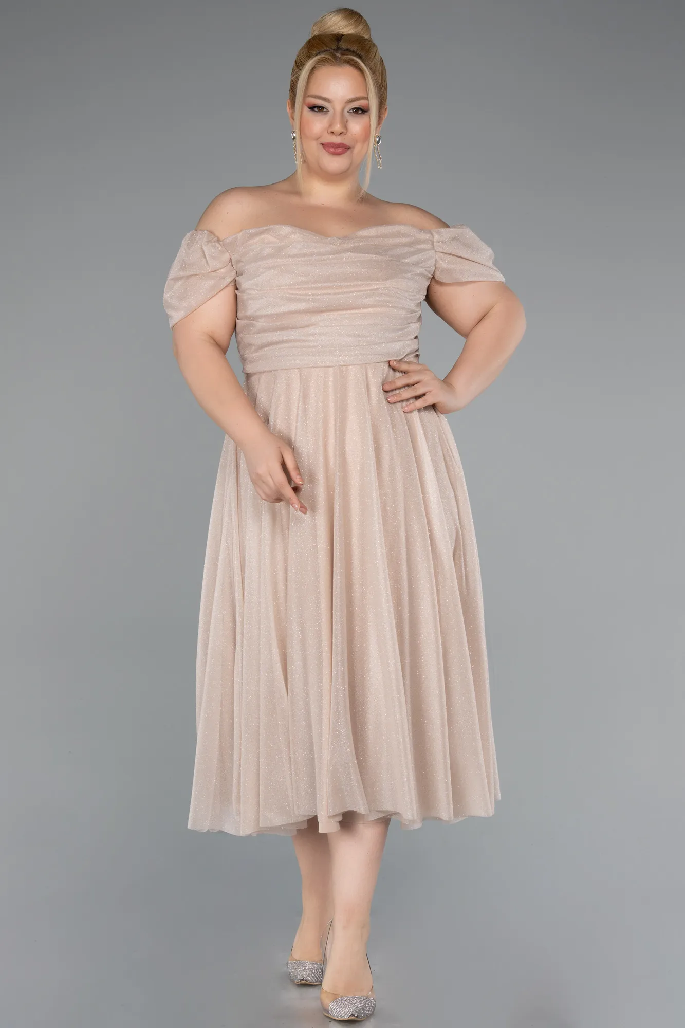 Beige-Midi Plus Size Cocktail Dress ABK2259