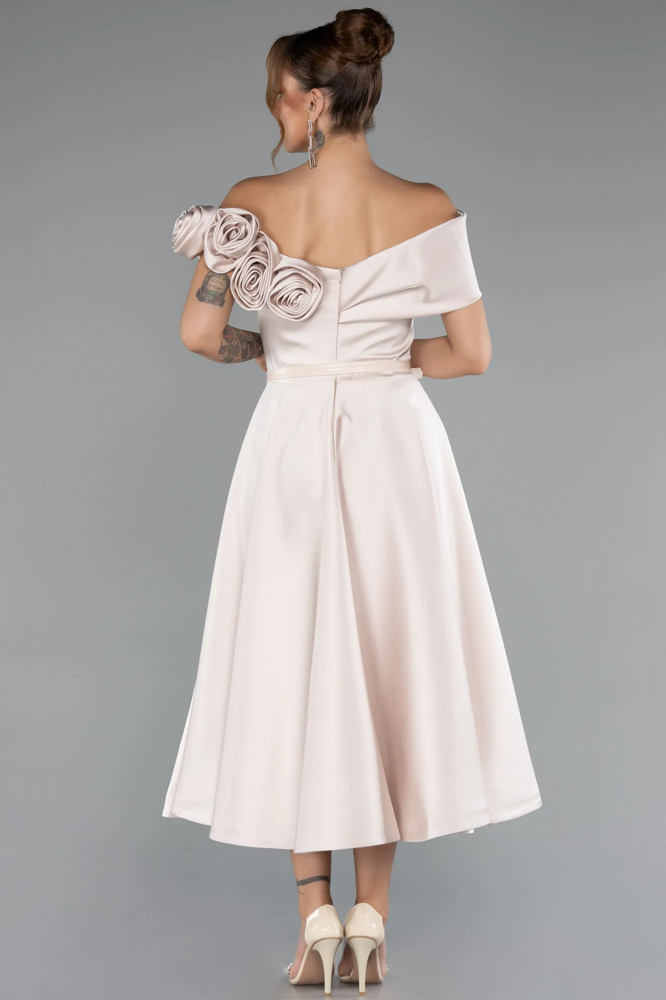 Beige-Midi Satin Party Dress ABK2410