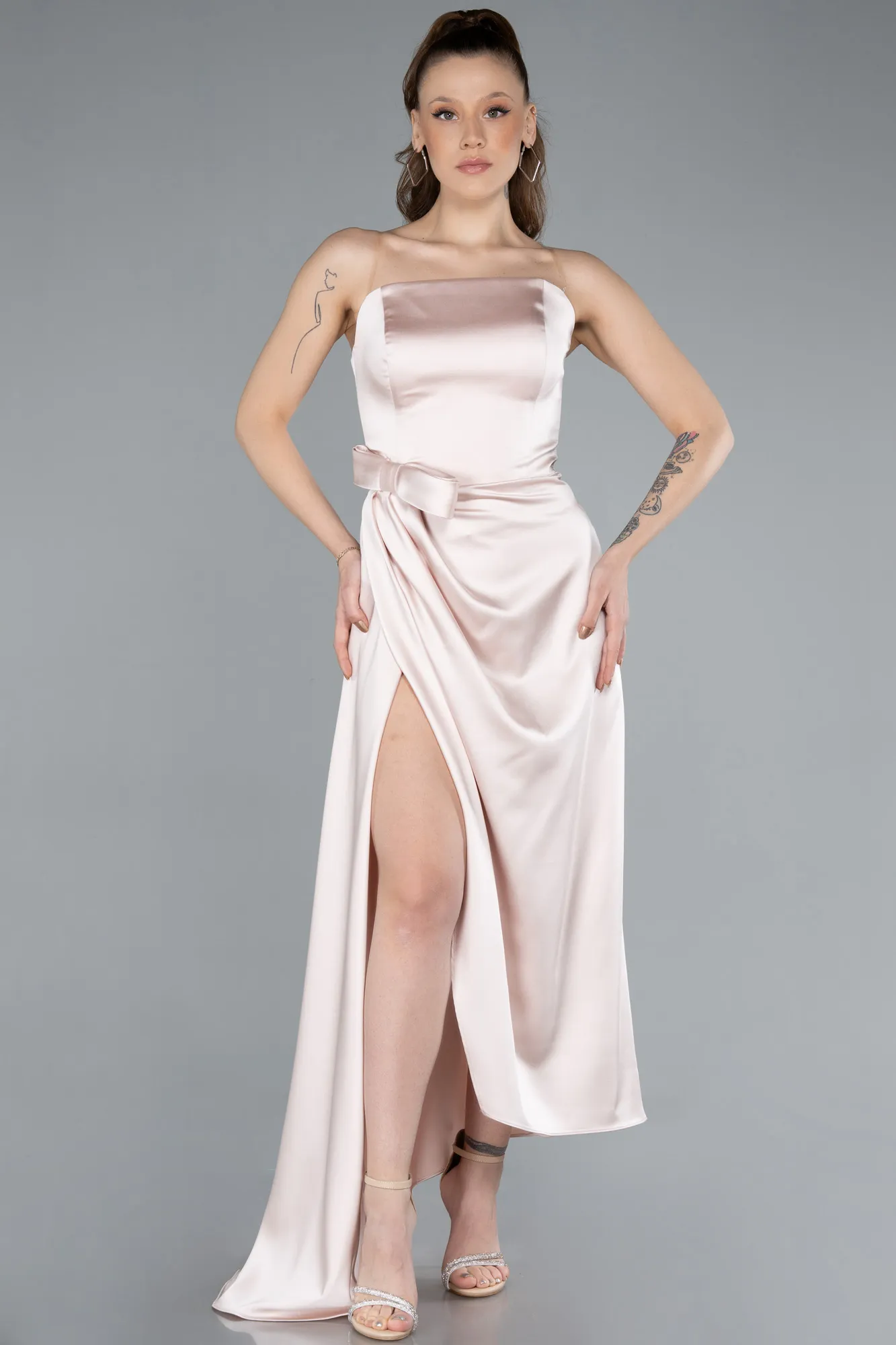 Beige-Midi Satin Prom Gown ABK2265