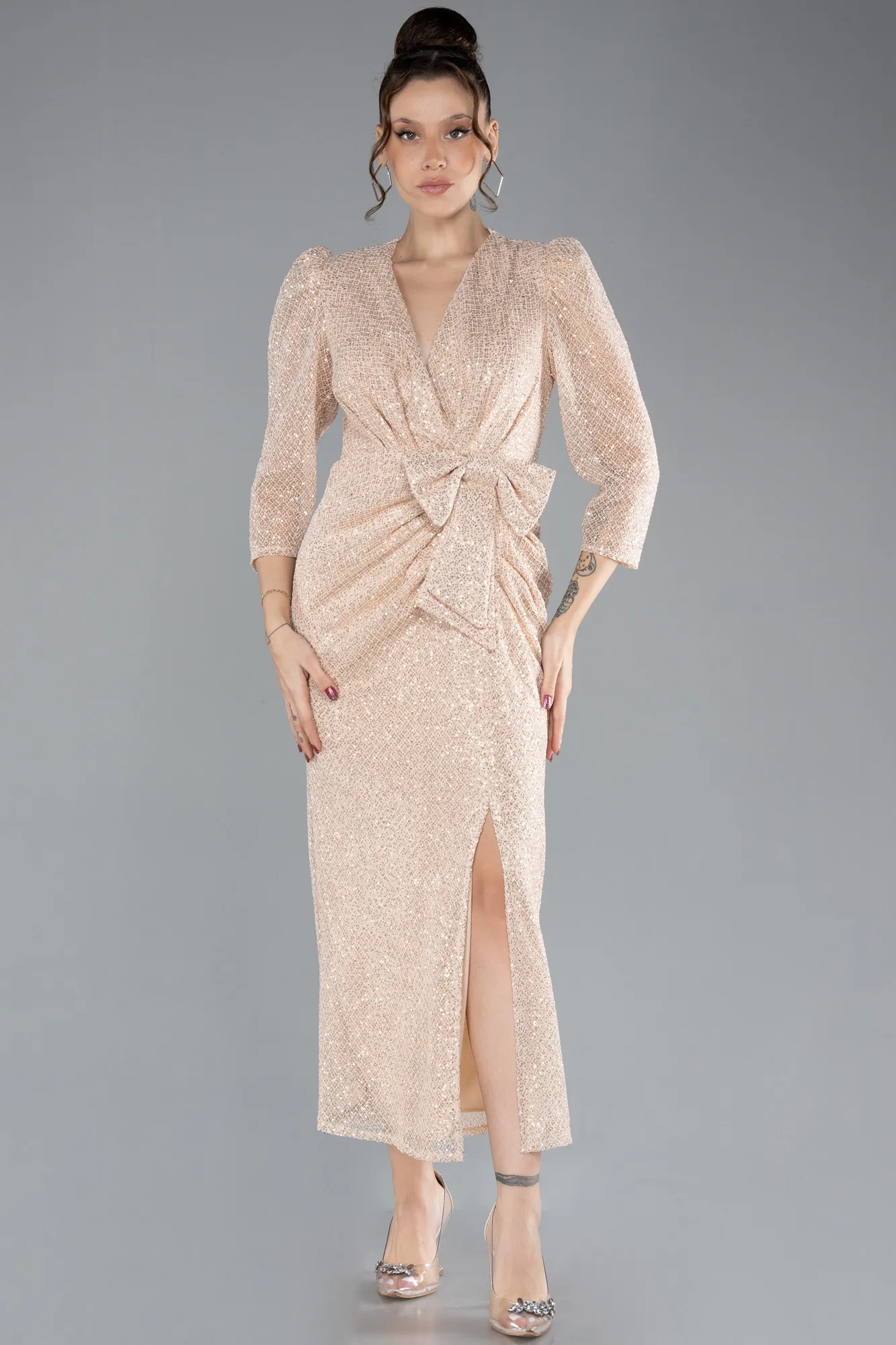 Beige-Midi Scaly Invitation Dress ABK1935