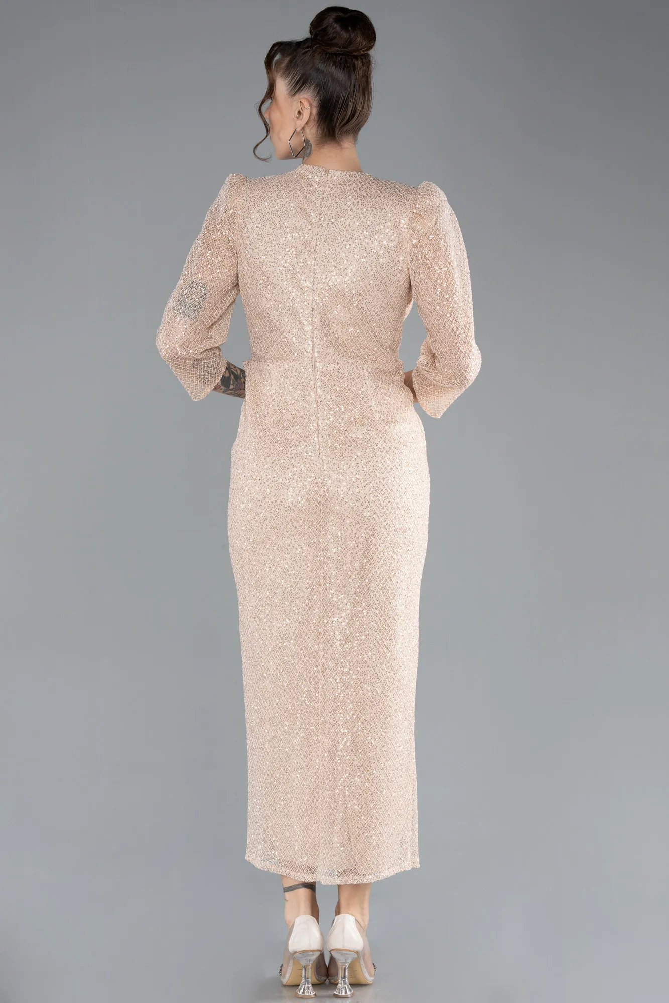 Beige-Midi Scaly Invitation Dress ABK1935