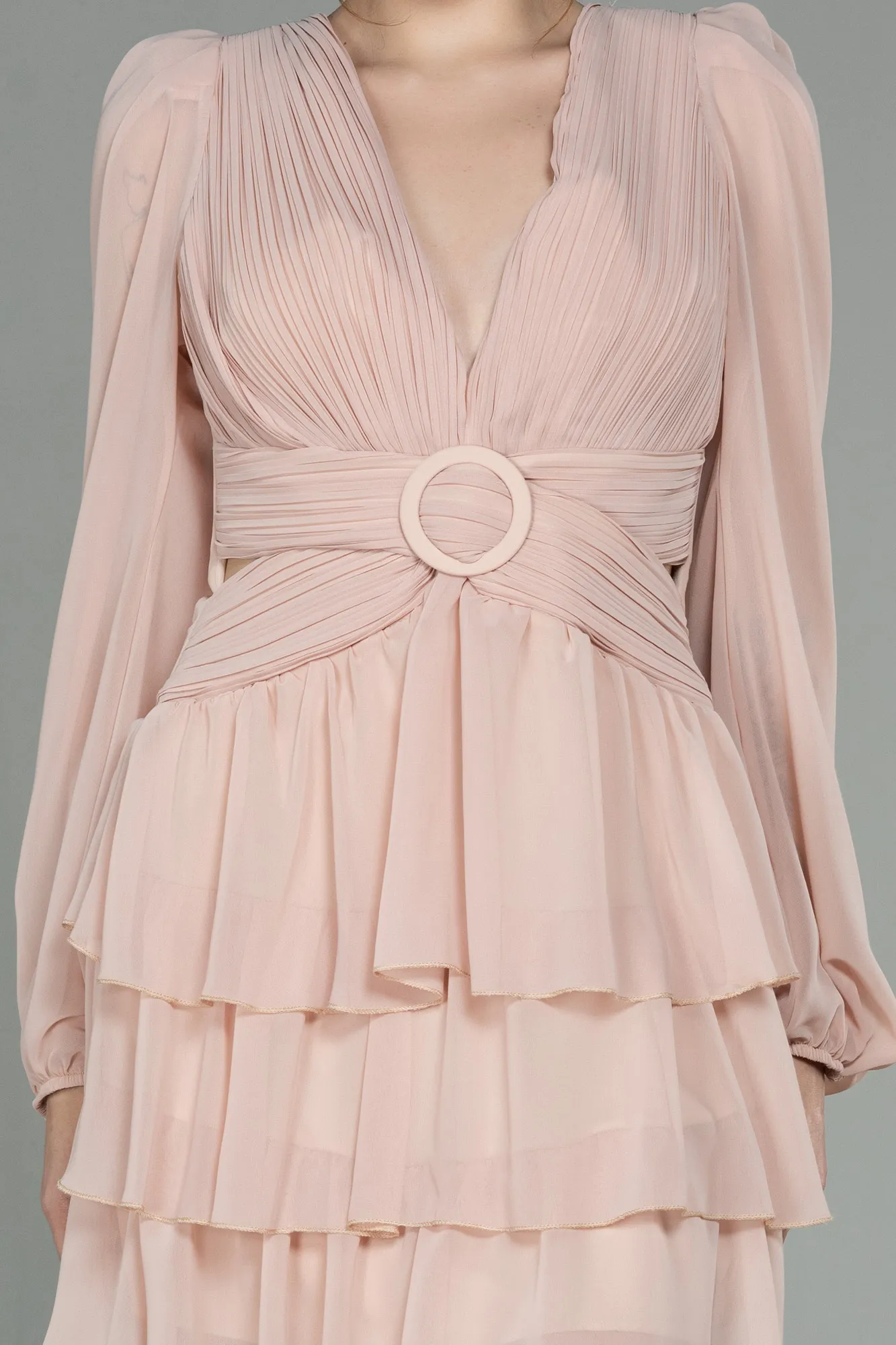 Beige-Mini Chiffon Invitation Dress ABK1899