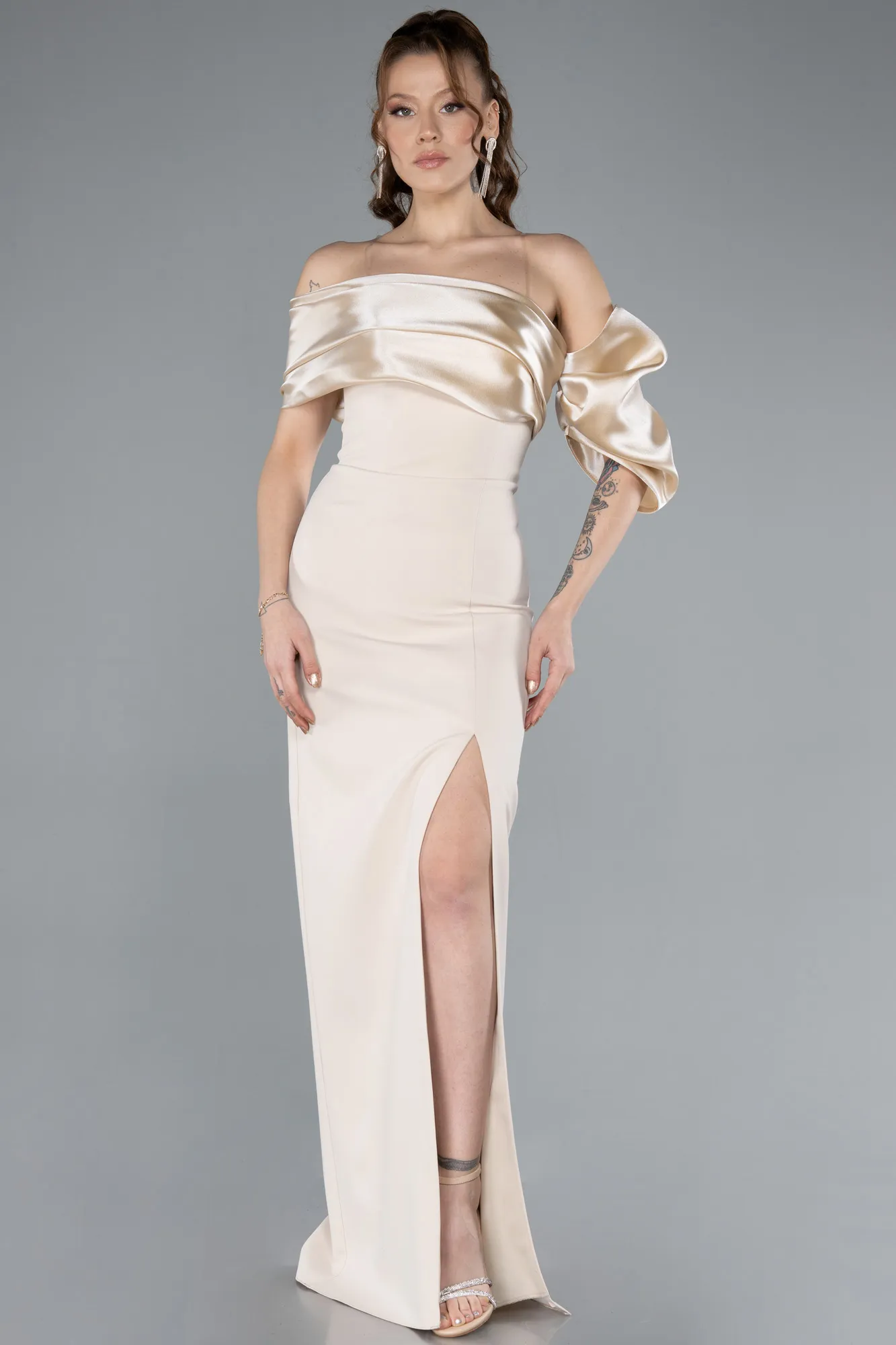 Beige-Off Shoulder Satin Drape Slit Evening Gown ABU4024