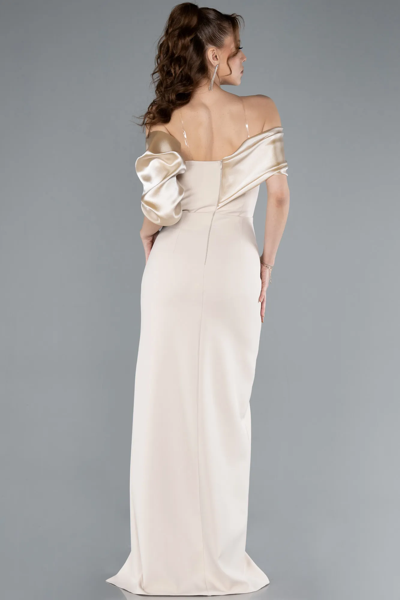 Beige-Off Shoulder Satin Drape Slit Evening Gown ABU4024