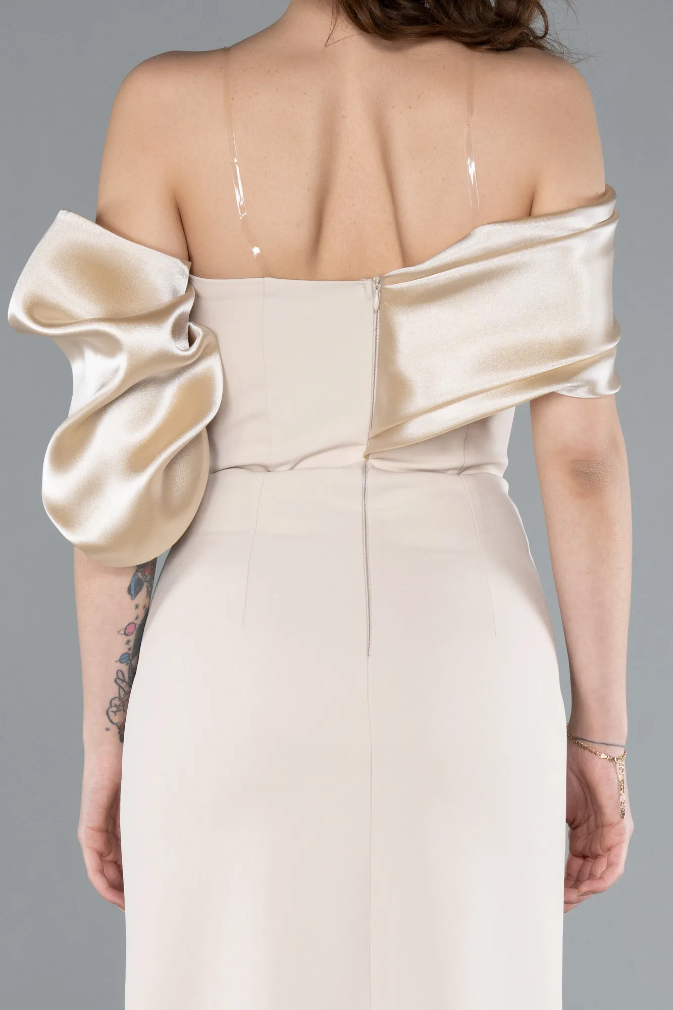 Beige-Off Shoulder Satin Drape Slit Evening Gown ABU4024