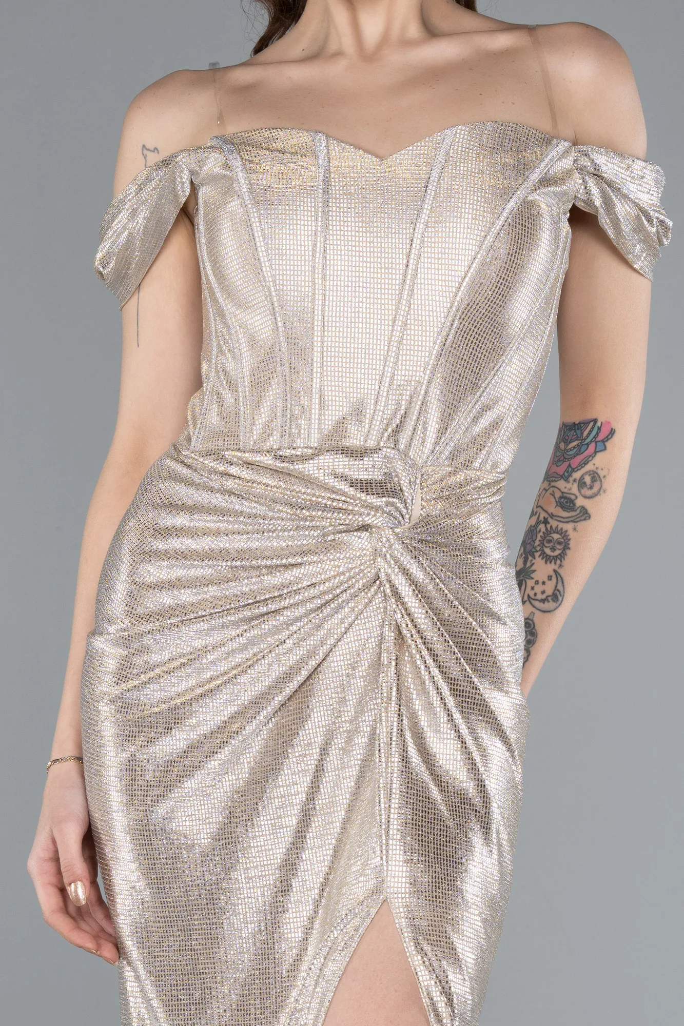 Beige-Off The Shoulder Long Glitter Evening Gown ABU4712