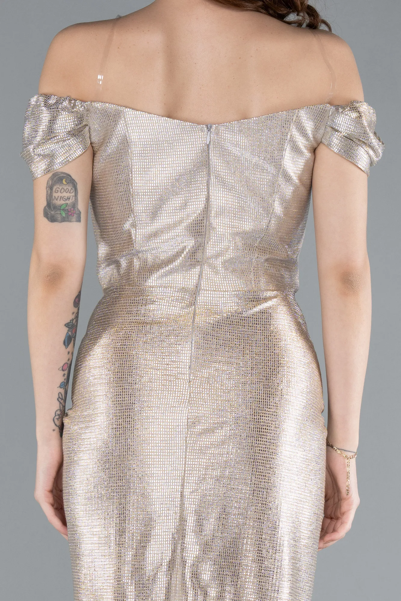 Beige-Off The Shoulder Long Glitter Evening Gown ABU4712