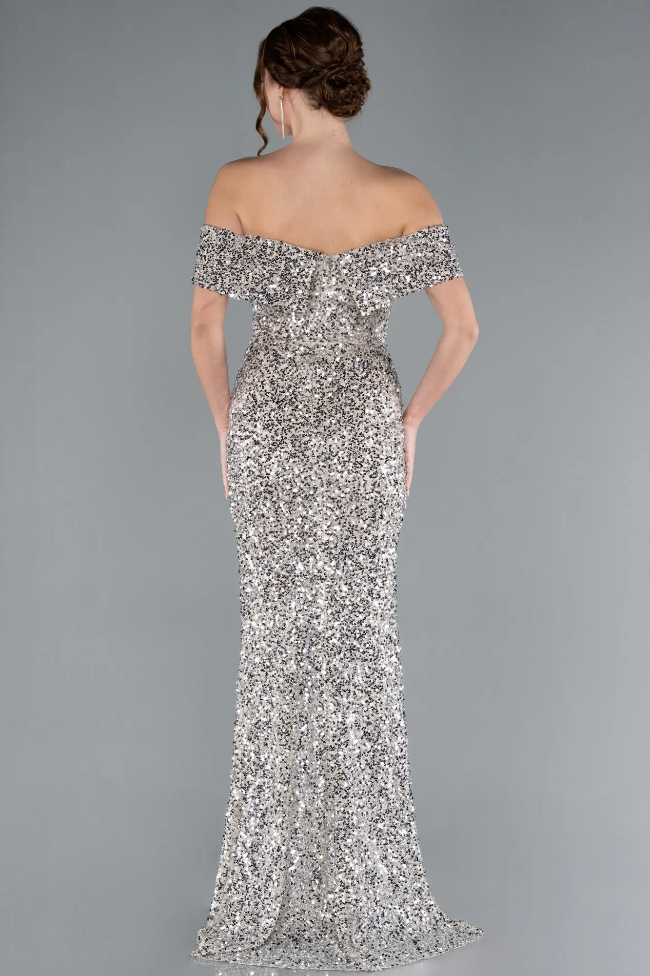 Beige-Off The Shoulder Long Sequin Mermaid Prom Dress ABU4778