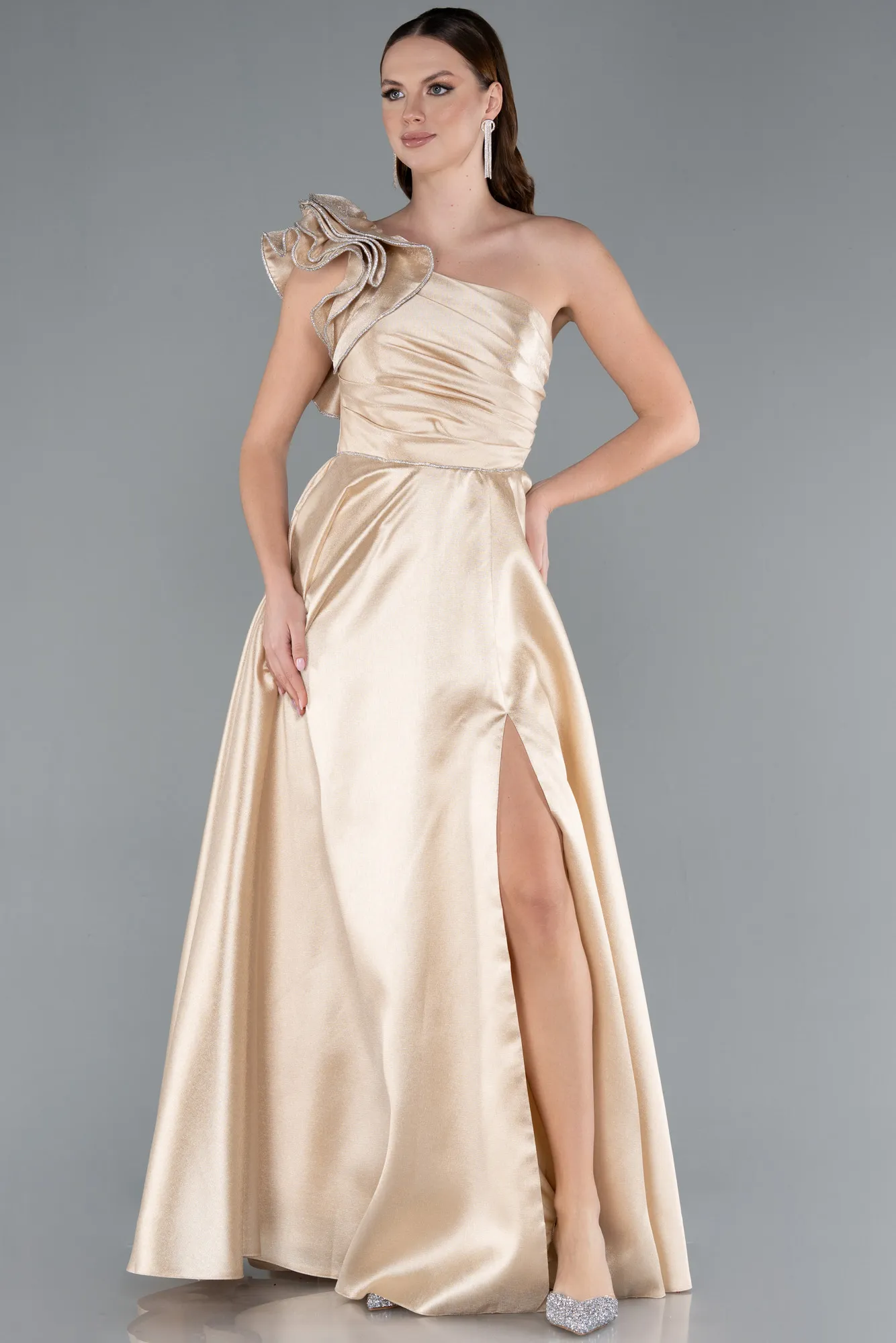 Beige-One Shoulder High Slit Long Taffeta Prom Evening Dress ABU4782