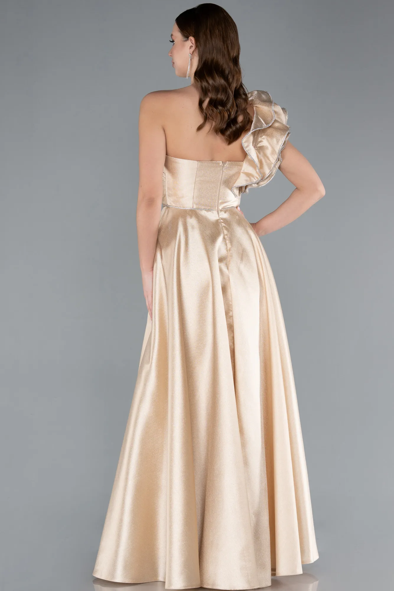 Beige-One Shoulder High Slit Long Taffeta Prom Evening Dress ABU4782