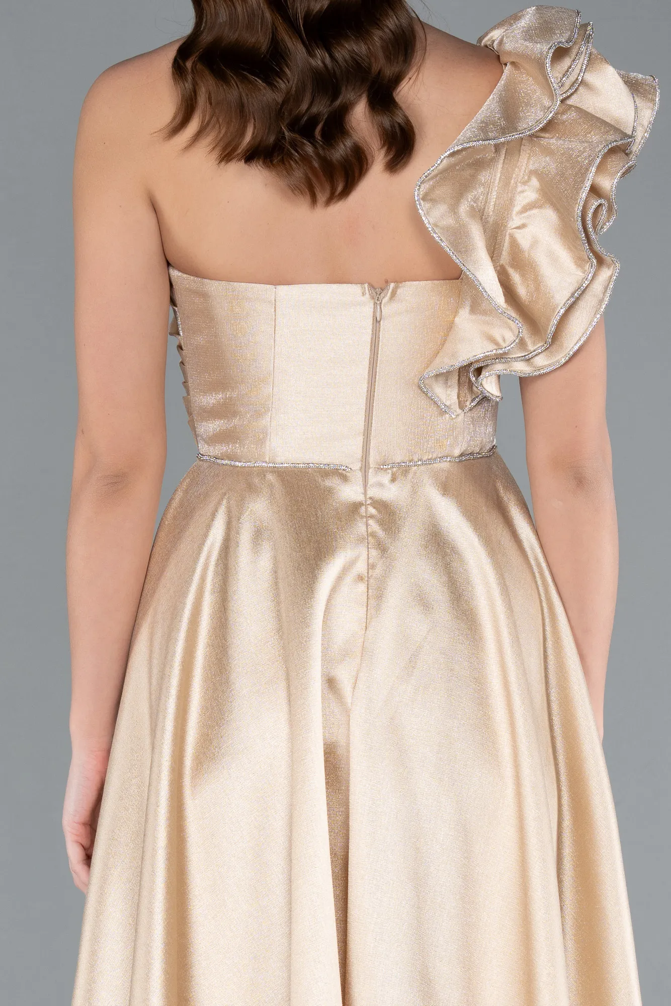Beige-One Shoulder High Slit Long Taffeta Prom Evening Dress ABU4782