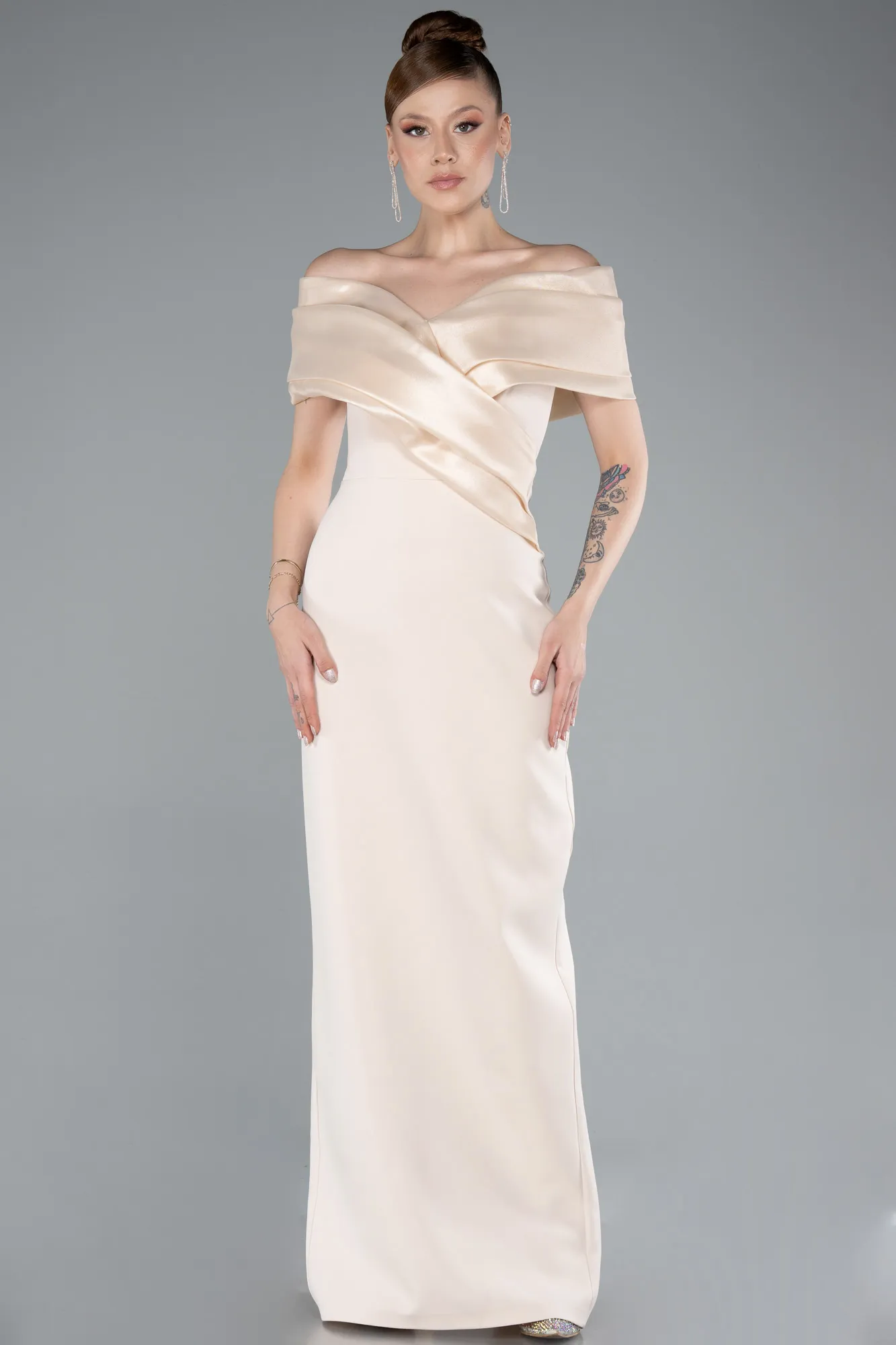 Beige-Satin Boat Neck Long Mermaid Dress ABU4731