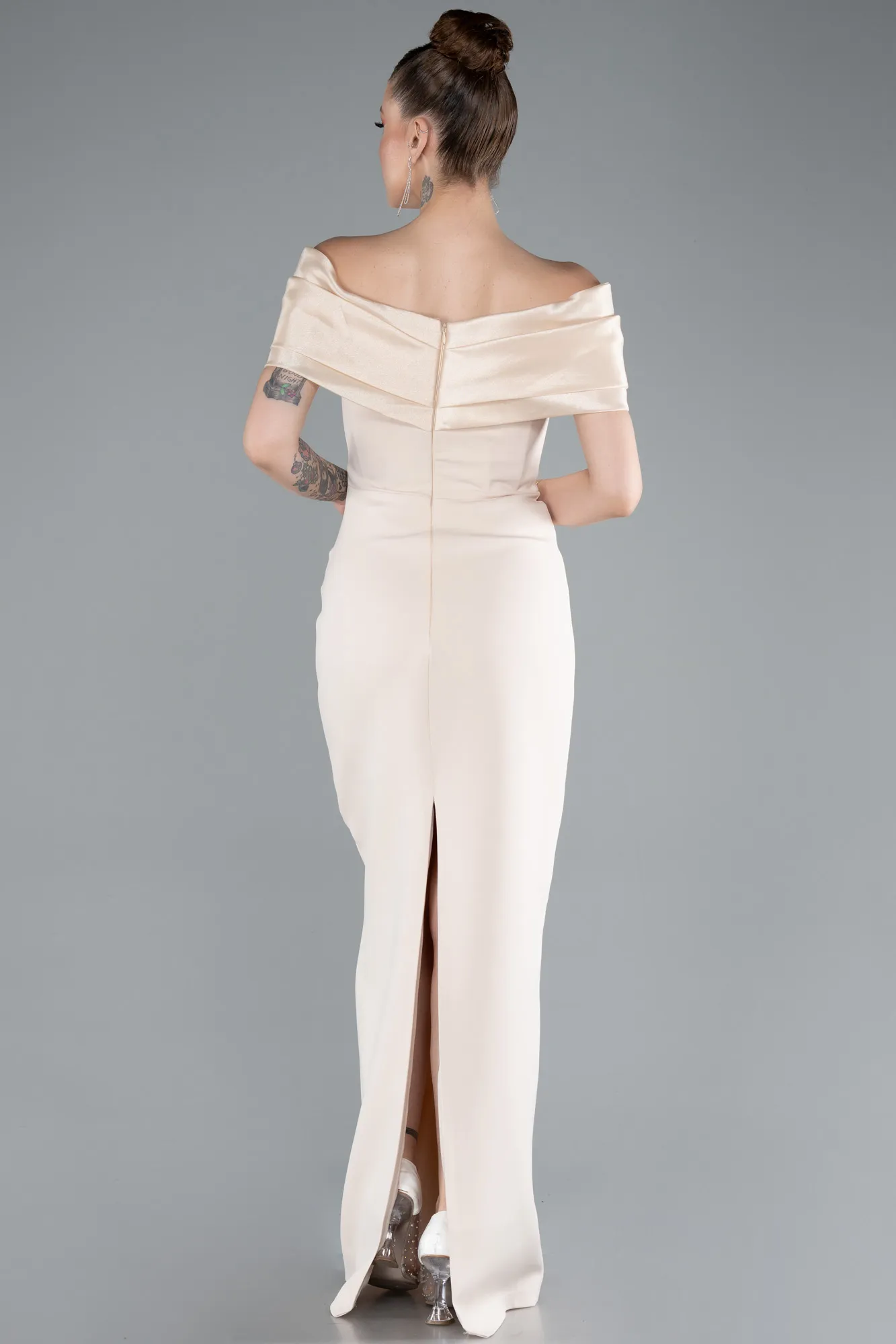 Beige-Satin Boat Neck Long Mermaid Dress ABU4731